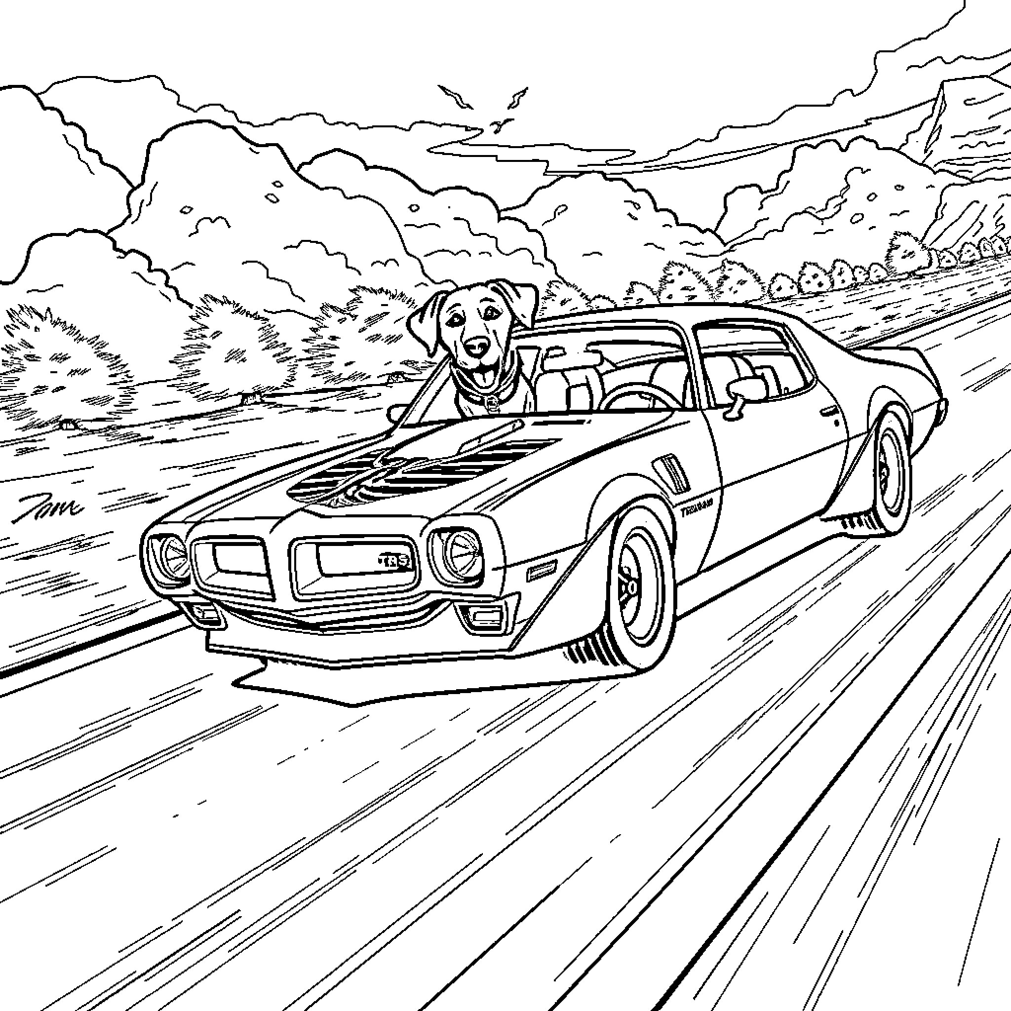 Trans Am speeding through winding mountain roads Coloring Page (free black-and-white line drawing printable PDF for all, from beginners to advanced learners, including children, teens, adults, and seniors)