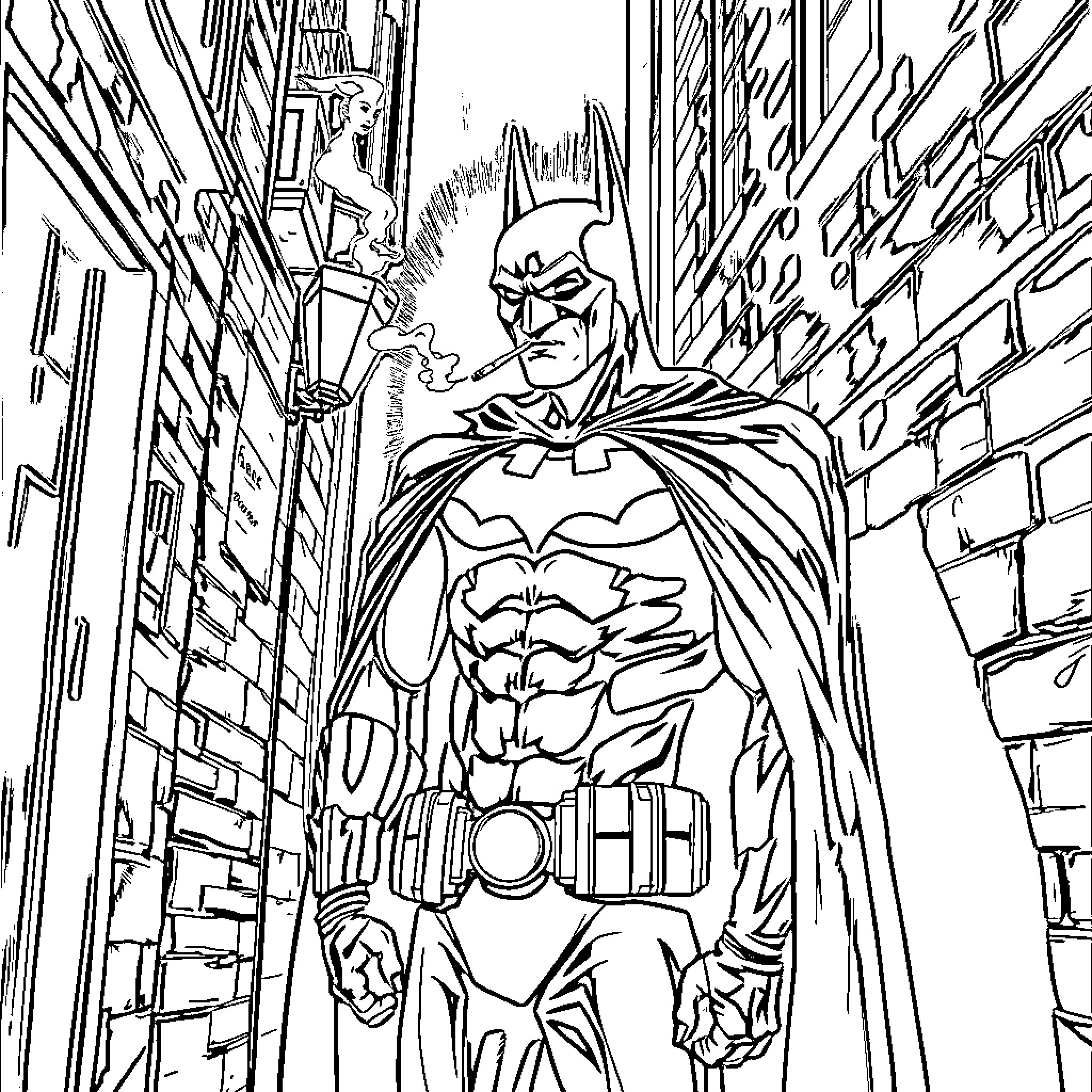 Batman stalking through dark city alleyways Coloring Page (free black-and-white line drawing printable PDF for all, from beginners to advanced learners, including children, teens, adults, and seniors)