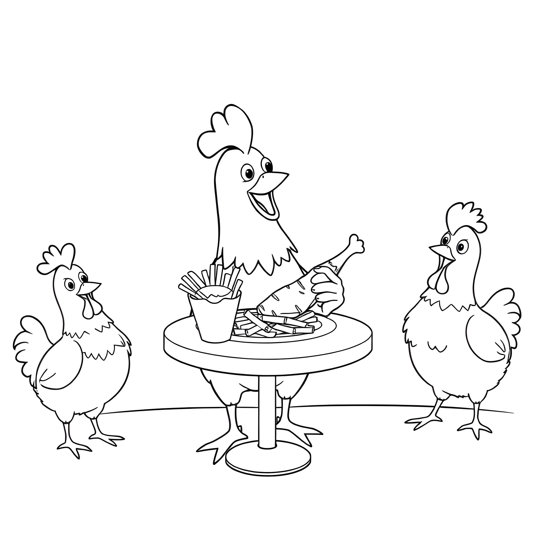 Chicken family enjoying a meal together Coloring Page (free black-and-white line drawing printable PDF for all, from beginners to advanced learners, including children, teens, adults, and seniors)
