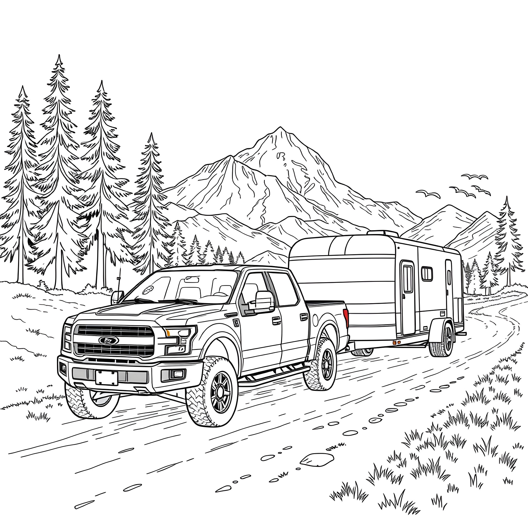 Pickup Truck Towing Camper through Scenic Mountain Landscape Coloring Page (free black-and-white line drawing printable PDF for all, from beginners to advanced learners, including children, teens, adults, and seniors)