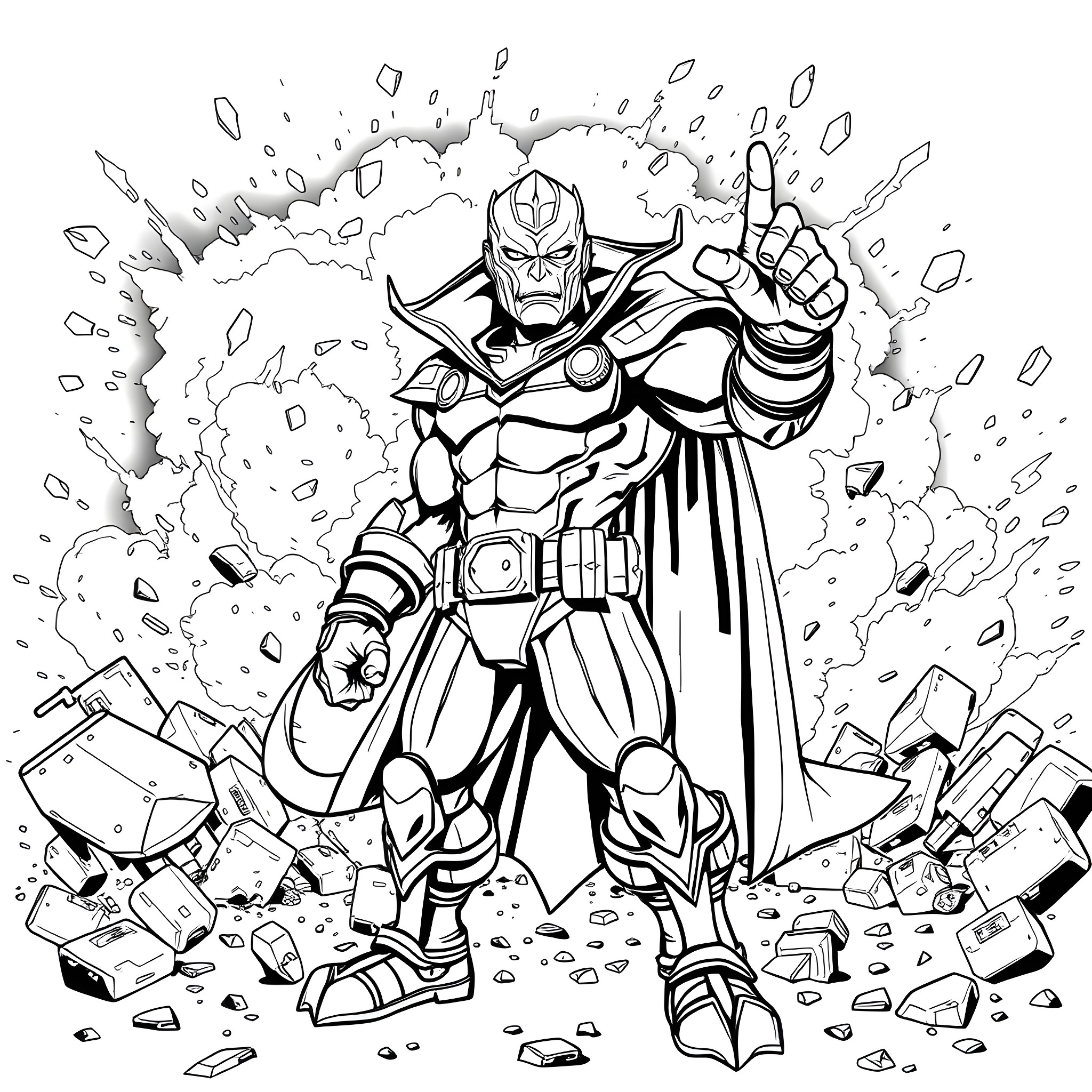 Rex the Heroic Warrior's Explosive Encounter Coloring Page (free black-and-white line drawing printable PDF for all, from beginners to advanced learners, including children, teens, adults, and seniors)