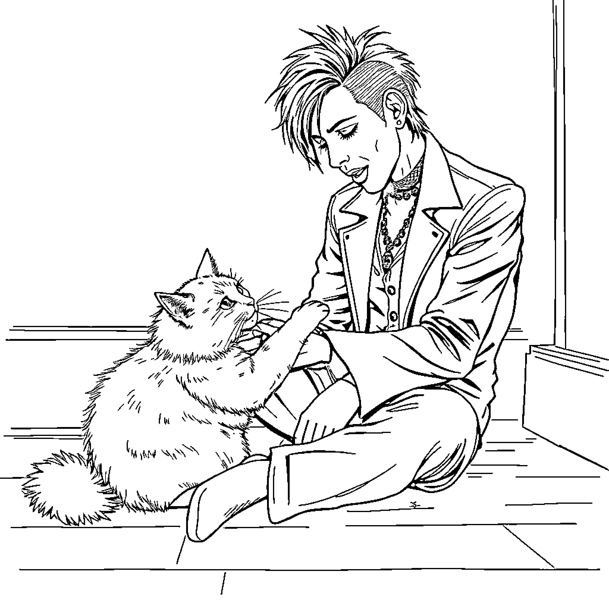 Marilyn Manson petting a friendly feline Coloring Page (free black-and-white line drawing printable PDF for all, from beginners to advanced learners, including children, teens, adults, and seniors)
