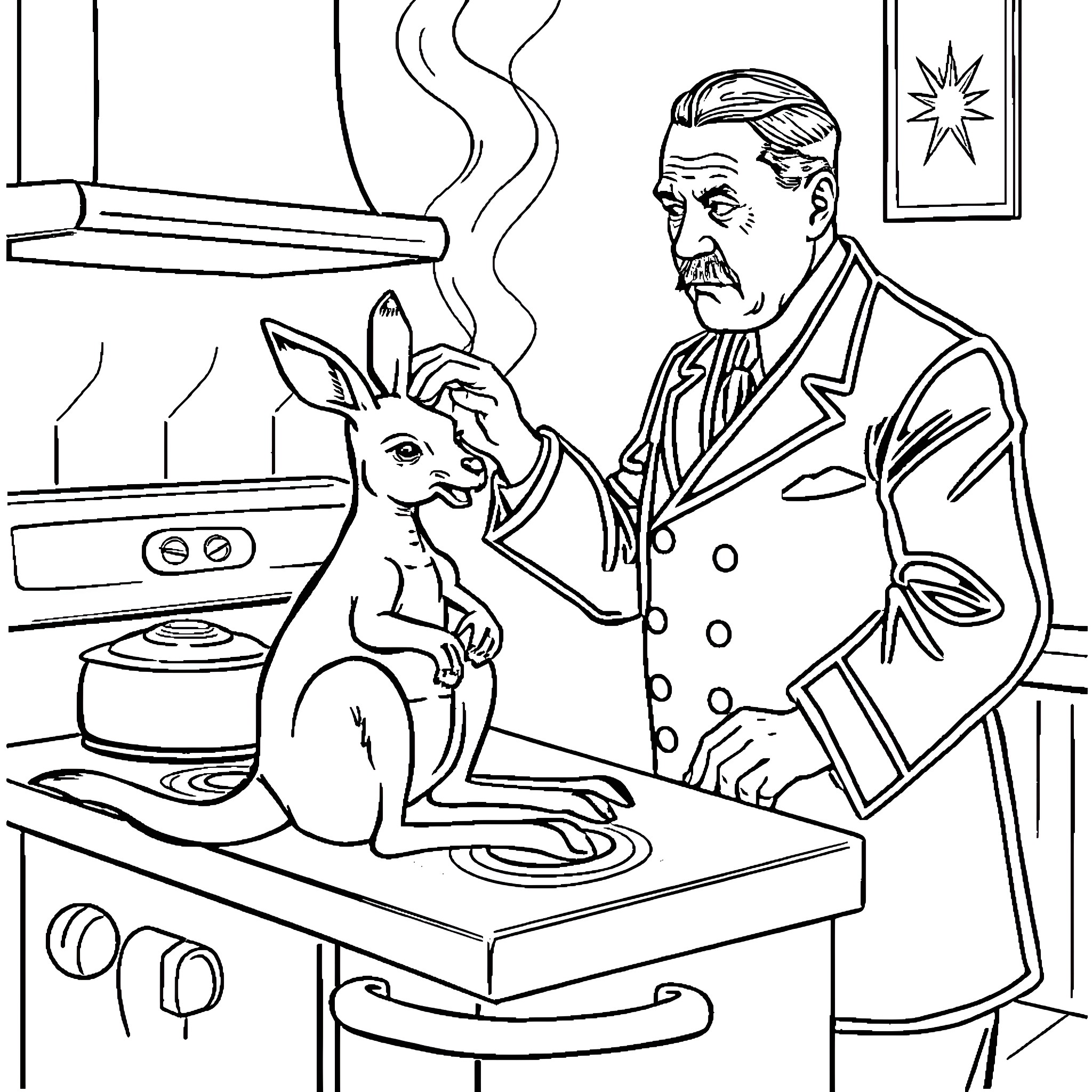 Kangaroo and gentleman in formal attire in the kitchen Coloring Page (free black-and-white line drawing printable PDF for all, from beginners to advanced learners, including children, teens, adults, and seniors)