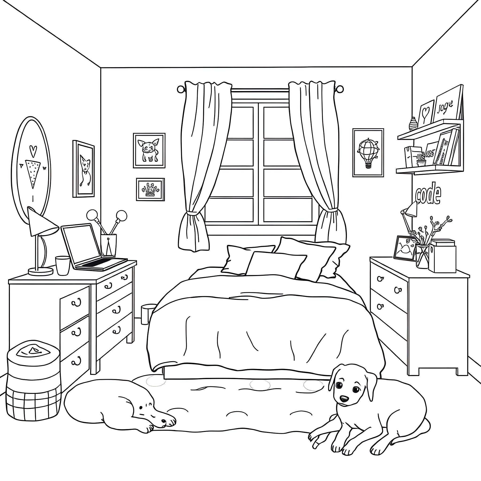 Girl's cozy bedroom with dog and decor Coloring Page (free black-and-white line drawing printable PDF for all, from beginners to advanced learners, including children, teens, adults, and seniors)