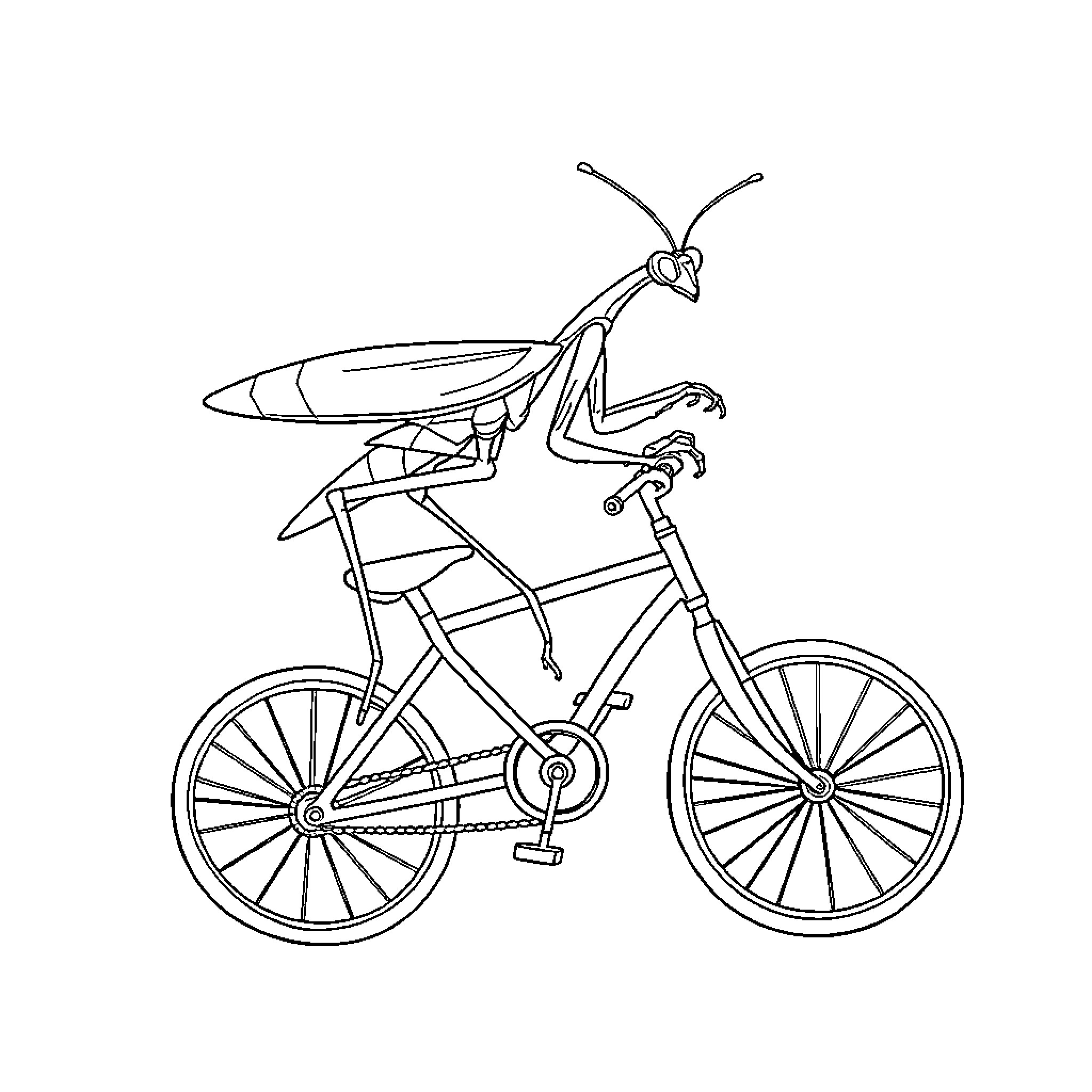 Praying Mantis riding a bicycle Coloring Page (free black-and-white line drawing printable PDF for all, from beginners to advanced learners, including children, teens, adults, and seniors)