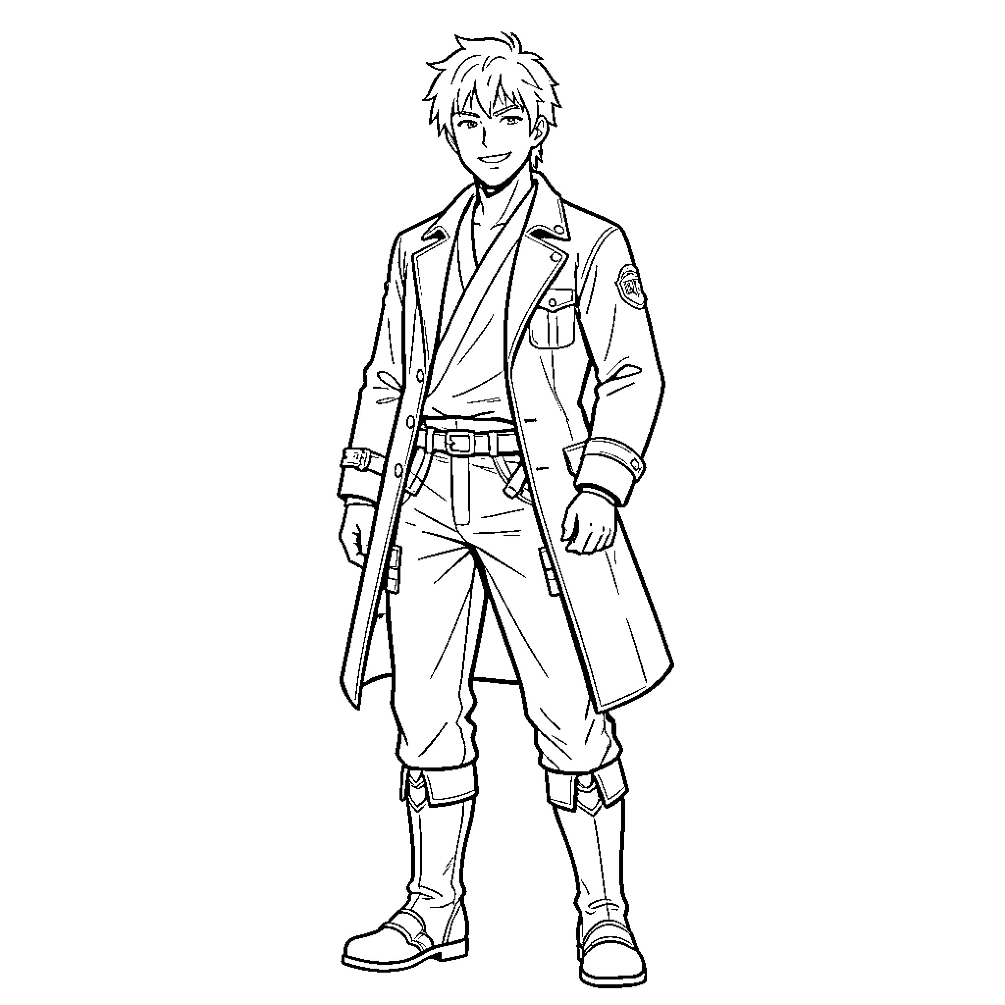 Manjiro Sano - Confident young man in uniform Coloring Page (free black-and-white line drawing printable PDF for all, from beginners to advanced learners, including children, teens, adults, and seniors)