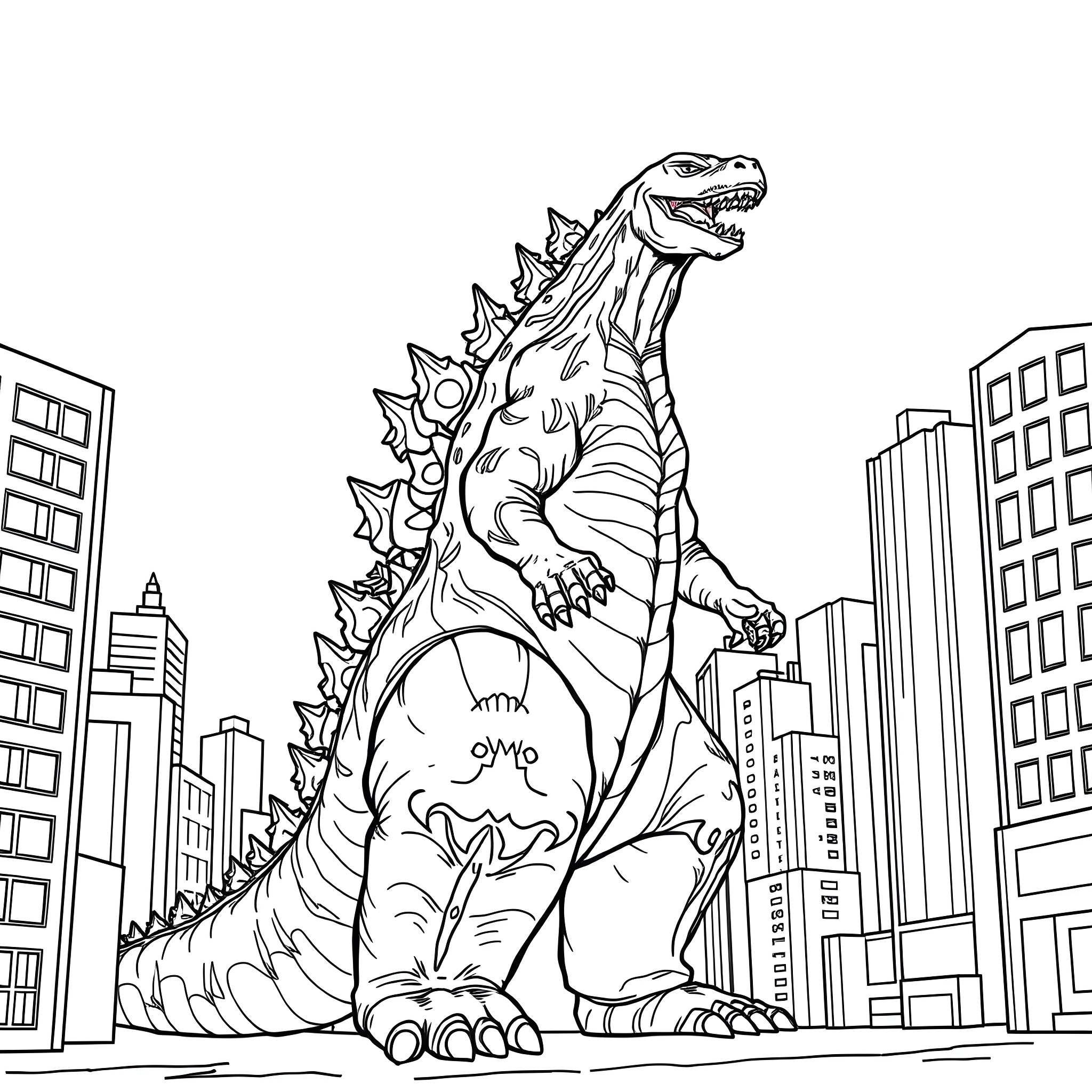 Godzilla Rampaging Through the City Coloring Page (free black-and-white line drawing printable PDF for all, from beginners to advanced learners, including children, teens, adults, and seniors)