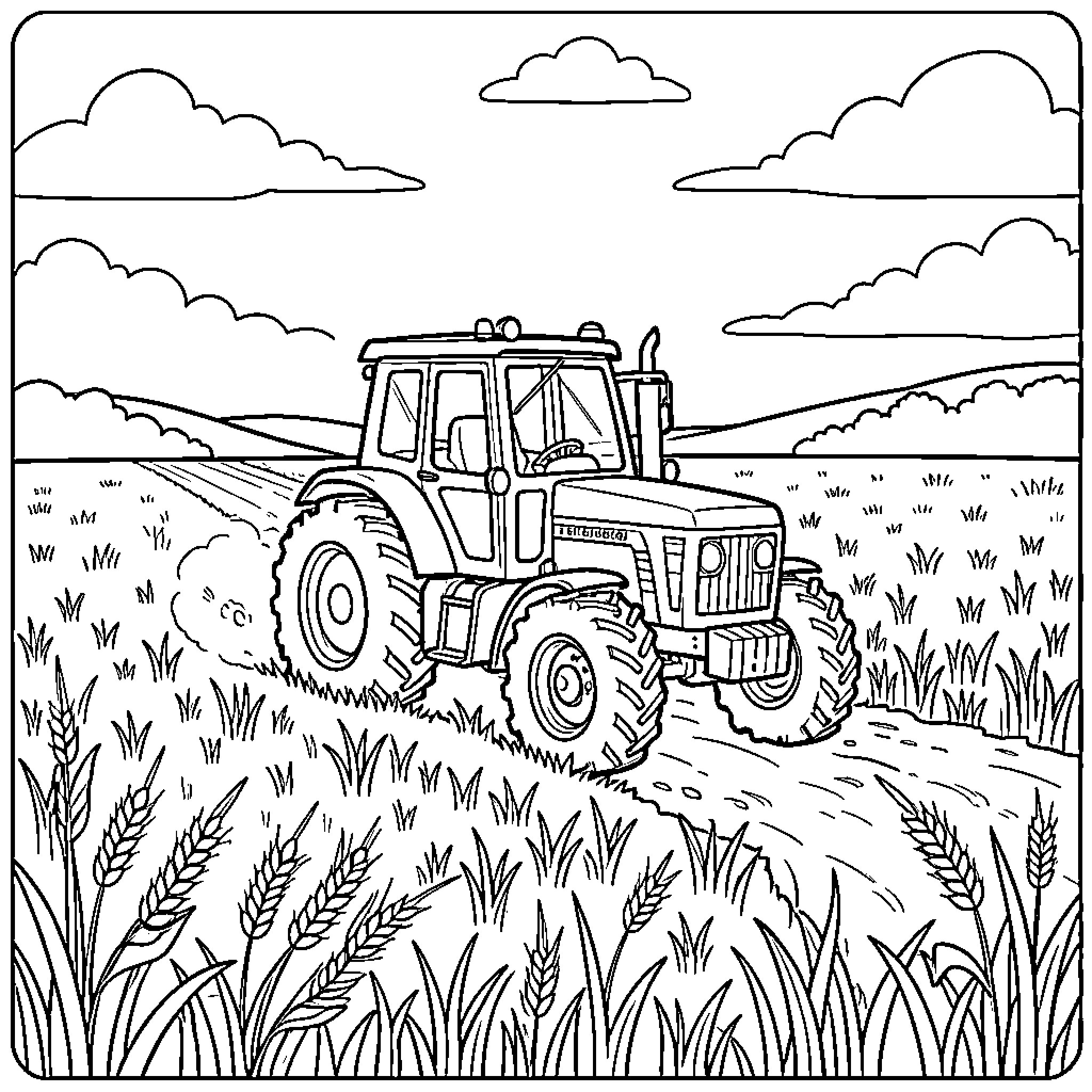 Tractor driving through a field of wheat Coloring Page (free black-and-white line drawing printable PDF for all, from beginners to advanced learners, including children, teens, adults, and seniors)