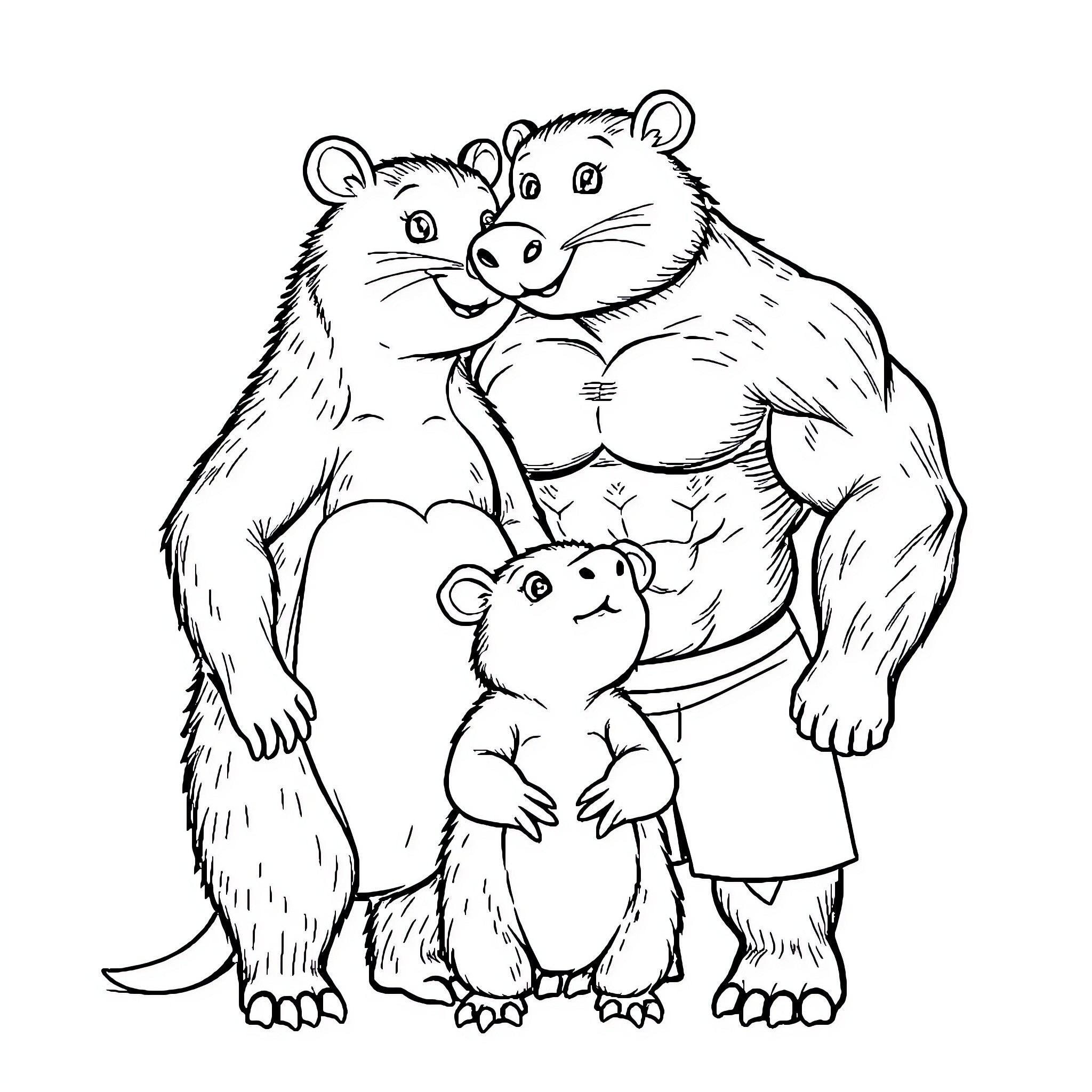 Wombat family playing together Coloring Page (free black-and-white line drawing printable PDF for all, from beginners to advanced learners, including children, teens, adults, and seniors)