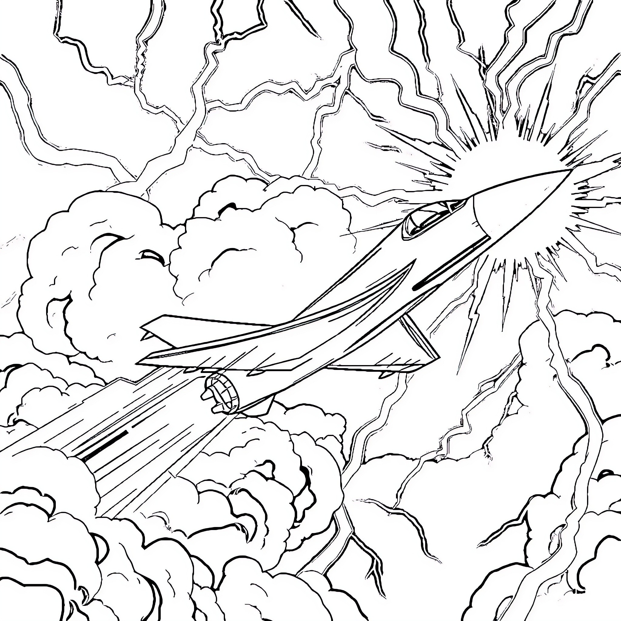 Jet soaring through stormy clouds and lightning Coloring Page (free black-and-white line drawing printable PDF for all, from beginners to advanced learners, including children, teens, adults, and seniors)