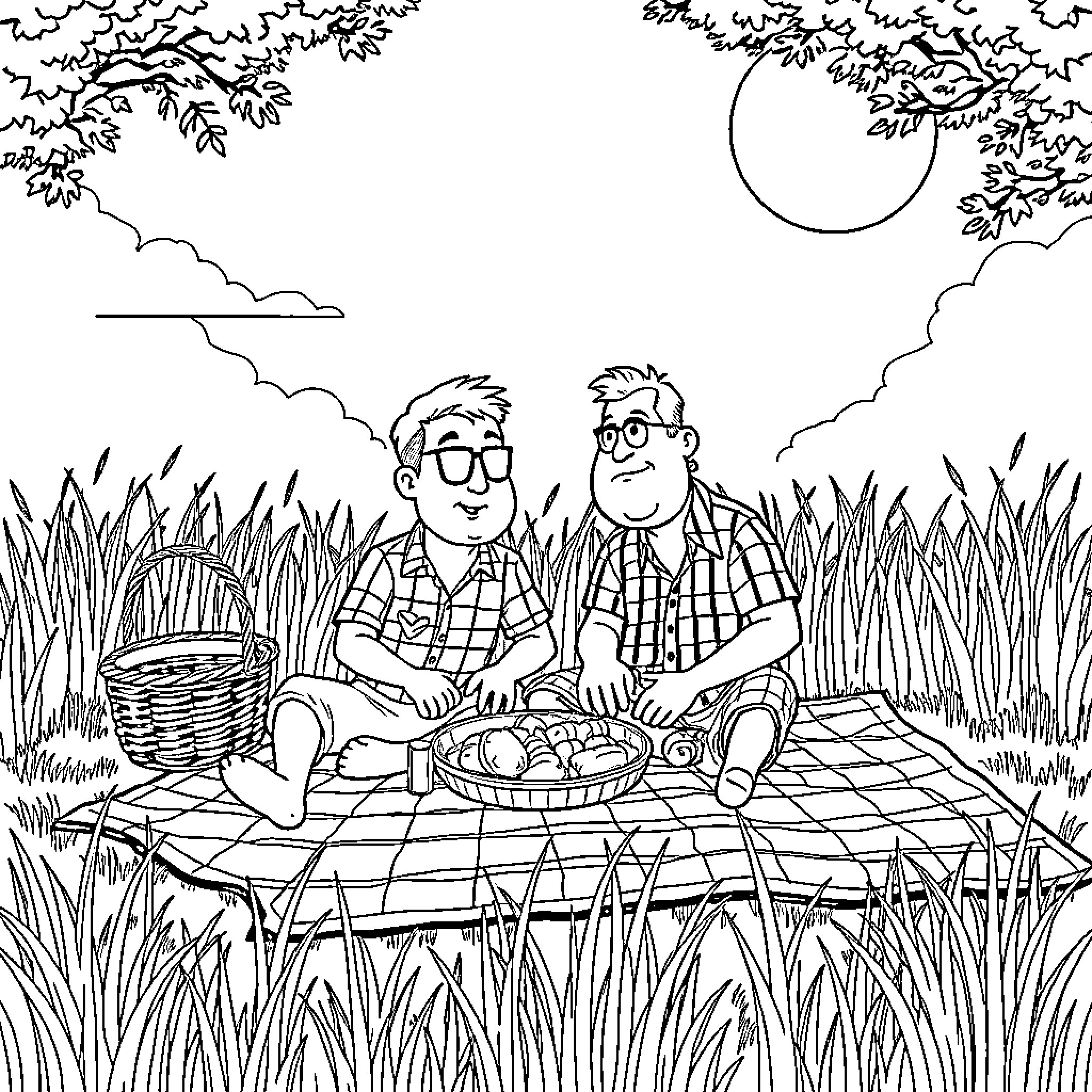 Miklo's Countryside Picnic Coloring Page (free black-and-white line drawing printable PDF for all, from beginners to advanced learners, including children, teens, adults, and seniors)