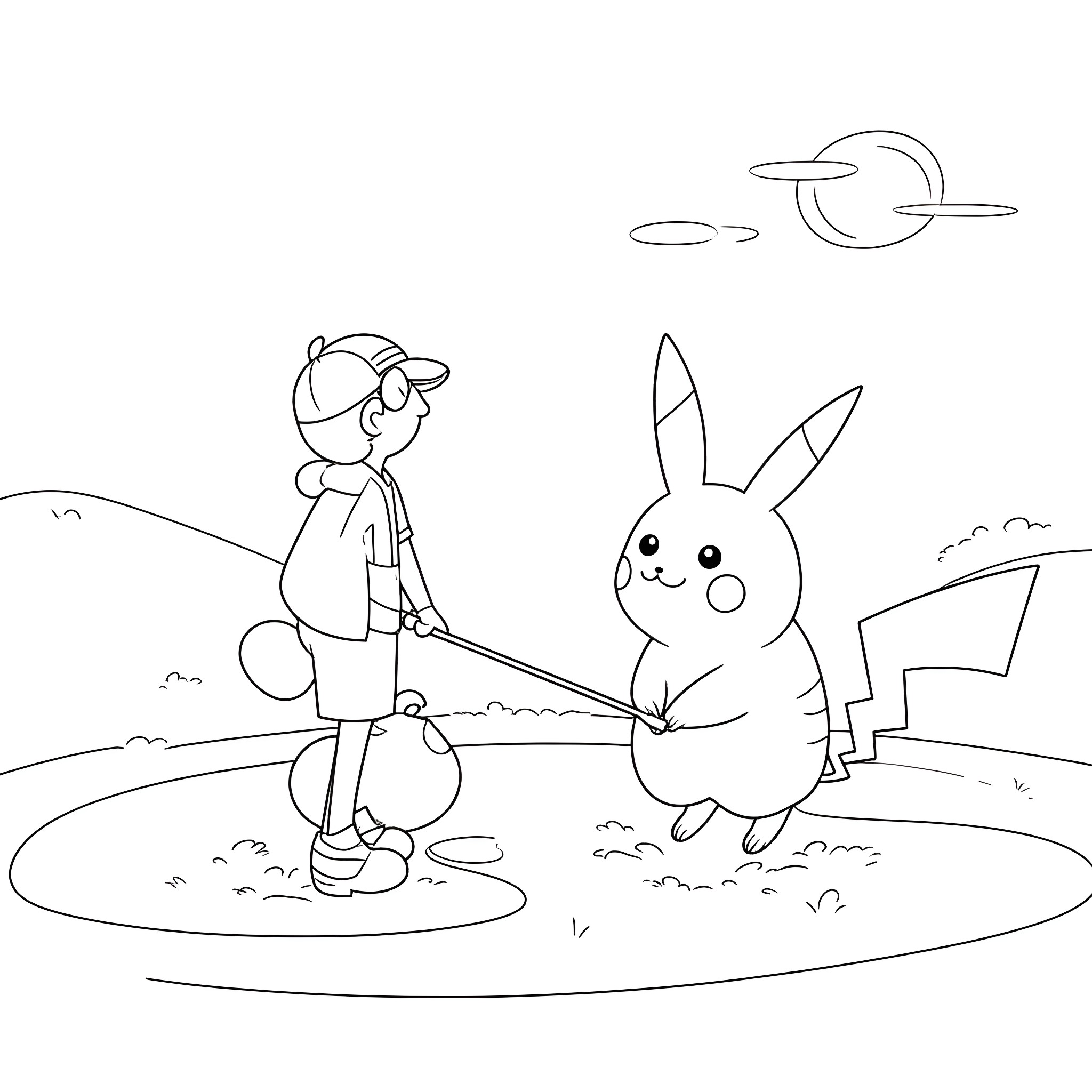 Pikachu and boy exploring the outdoors Coloring Page (free black-and-white line drawing printable PDF for all, from beginners to advanced learners, including children, teens, adults, and seniors)