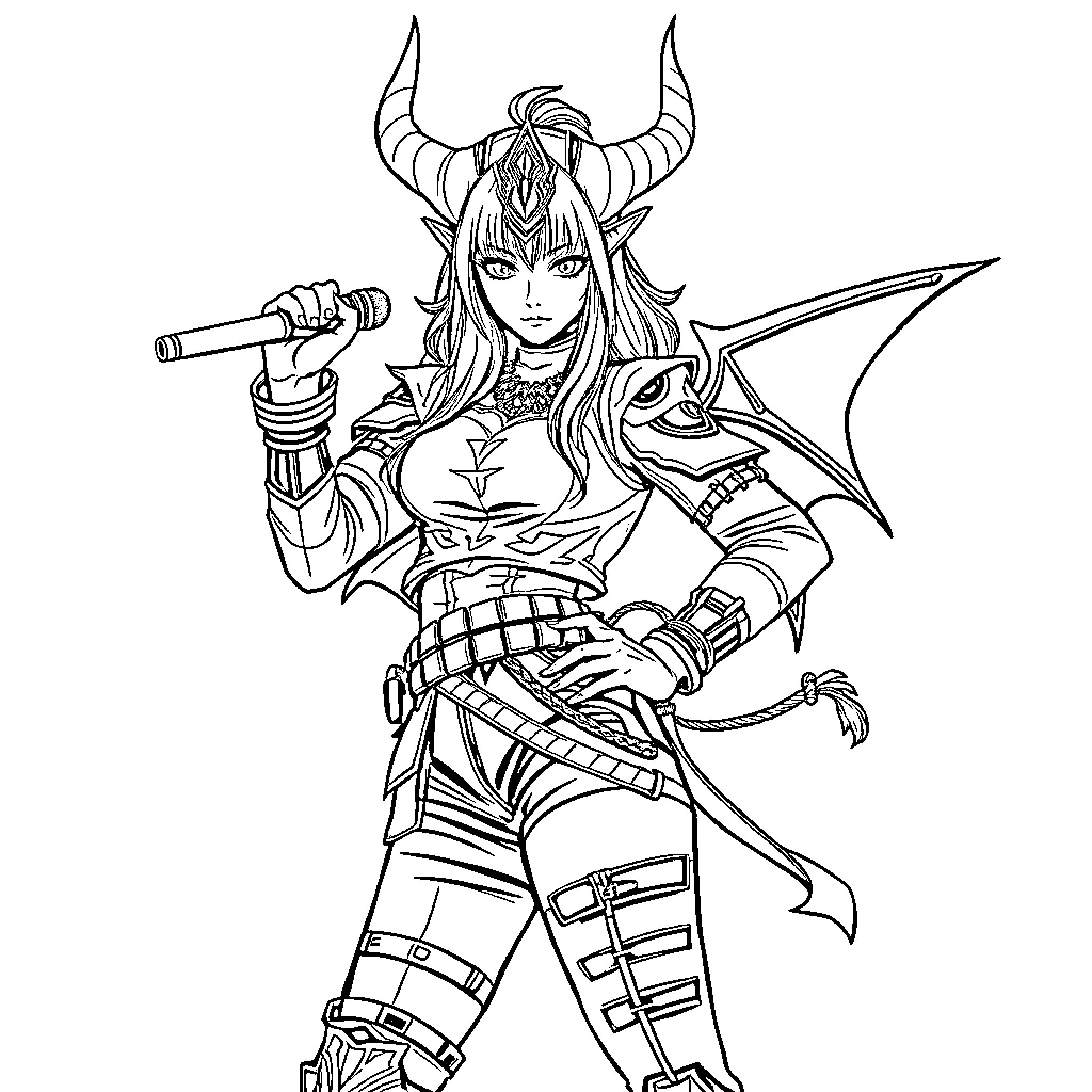 Mira, the Fierce Demon Warrior Coloring Page (free black-and-white line drawing printable PDF for all, from beginners to advanced learners, including children, teens, adults, and seniors)