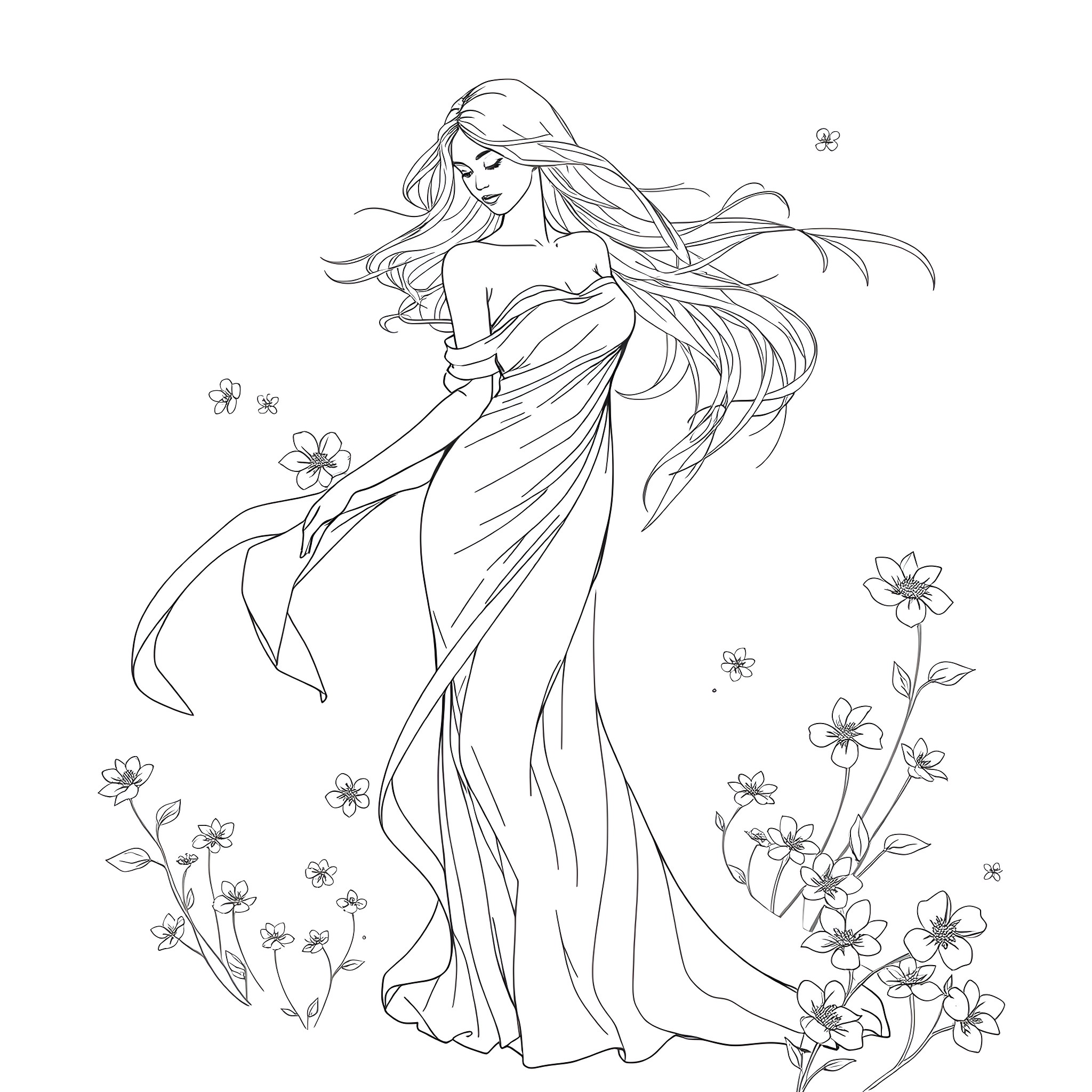 Woman in flowing dress amid floral scenery Coloring Page (free black-and-white line drawing printable PDF for all, from beginners to advanced learners, including children, teens, adults, and seniors)