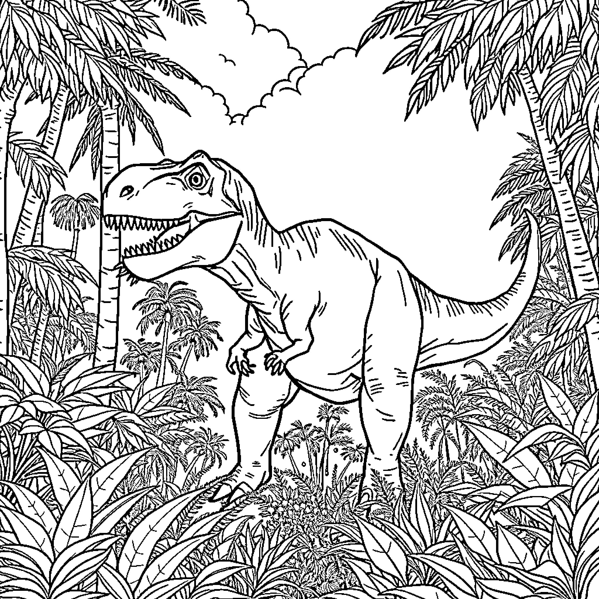 Tyrannosaurus stomping through the prehistoric jungle Coloring Page (free black-and-white line drawing printable PDF for all, from beginners to advanced learners, including children, teens, adults, and seniors)