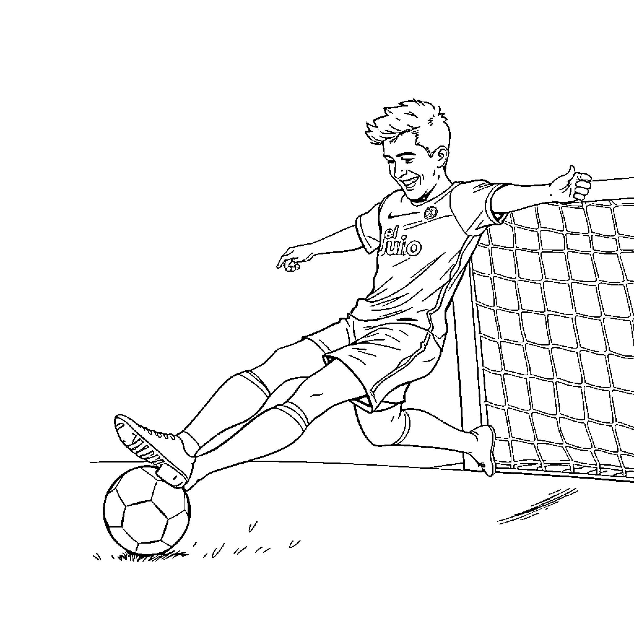 Soccer Player Celebrating Goal in Net Coloring Page (free black-and-white line drawing printable PDF for all, from beginners to advanced learners, including children, teens, adults, and seniors)