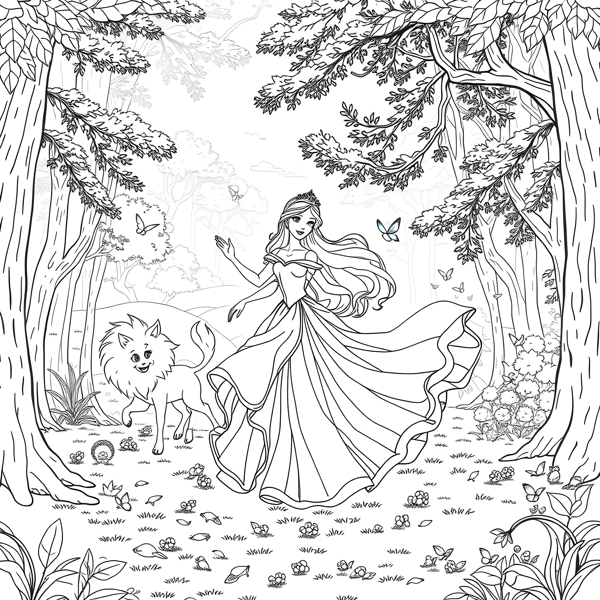 Aurora's Enchanting Woodland Stroll with her Loyal Companion Coloring Page (free black-and-white line drawing printable PDF for all, from beginners to advanced learners, including children, teens, adults, and seniors)