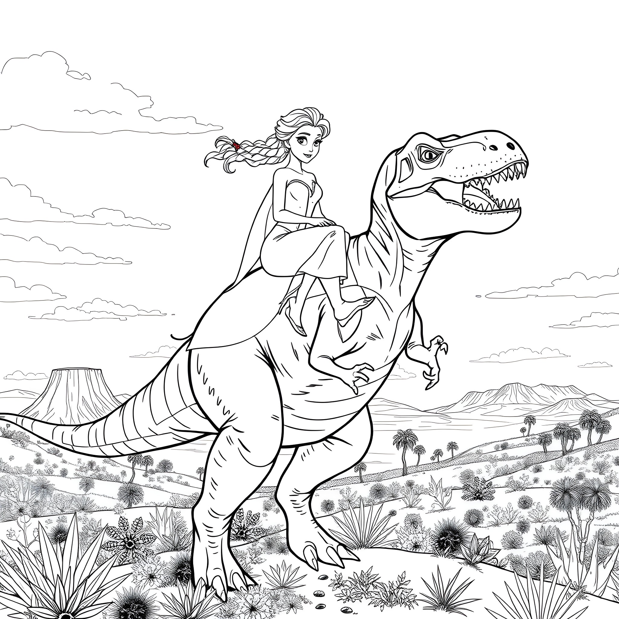 Elsa riding a Tyrannosaurus Rex in the desert landscape Coloring Page (free black-and-white line drawing printable PDF for all, from beginners to advanced learners, including children, teens, adults, and seniors)