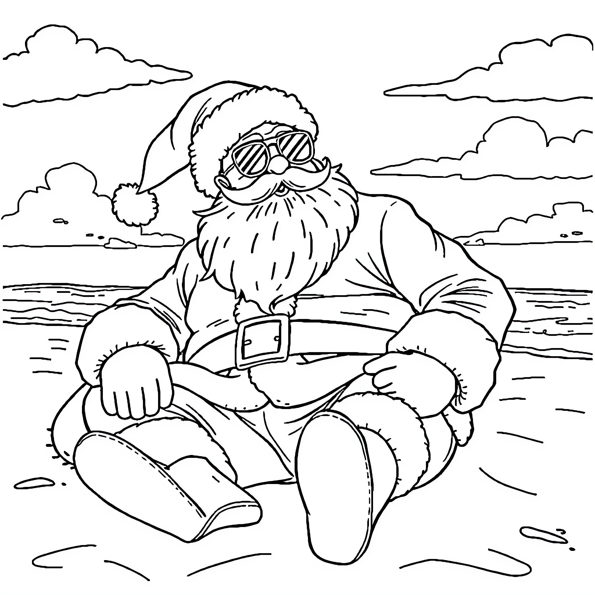 Santa relaxing on the beach with sunglasses Coloring Page (free black-and-white line drawing printable PDF for all, from beginners to advanced learners, including children, teens, adults, and seniors)