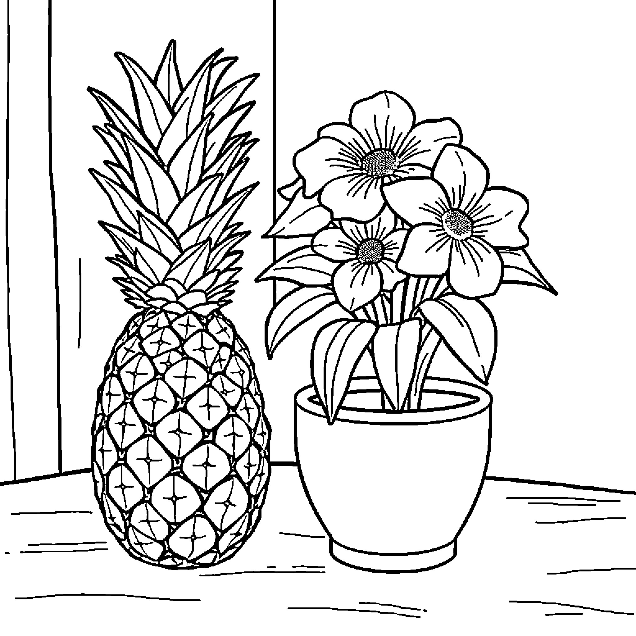 Ananas and Floral Arrangement in Pot Coloring Page (free black-and-white line drawing printable PDF for all, from beginners to advanced learners, including children, teens, adults, and seniors)