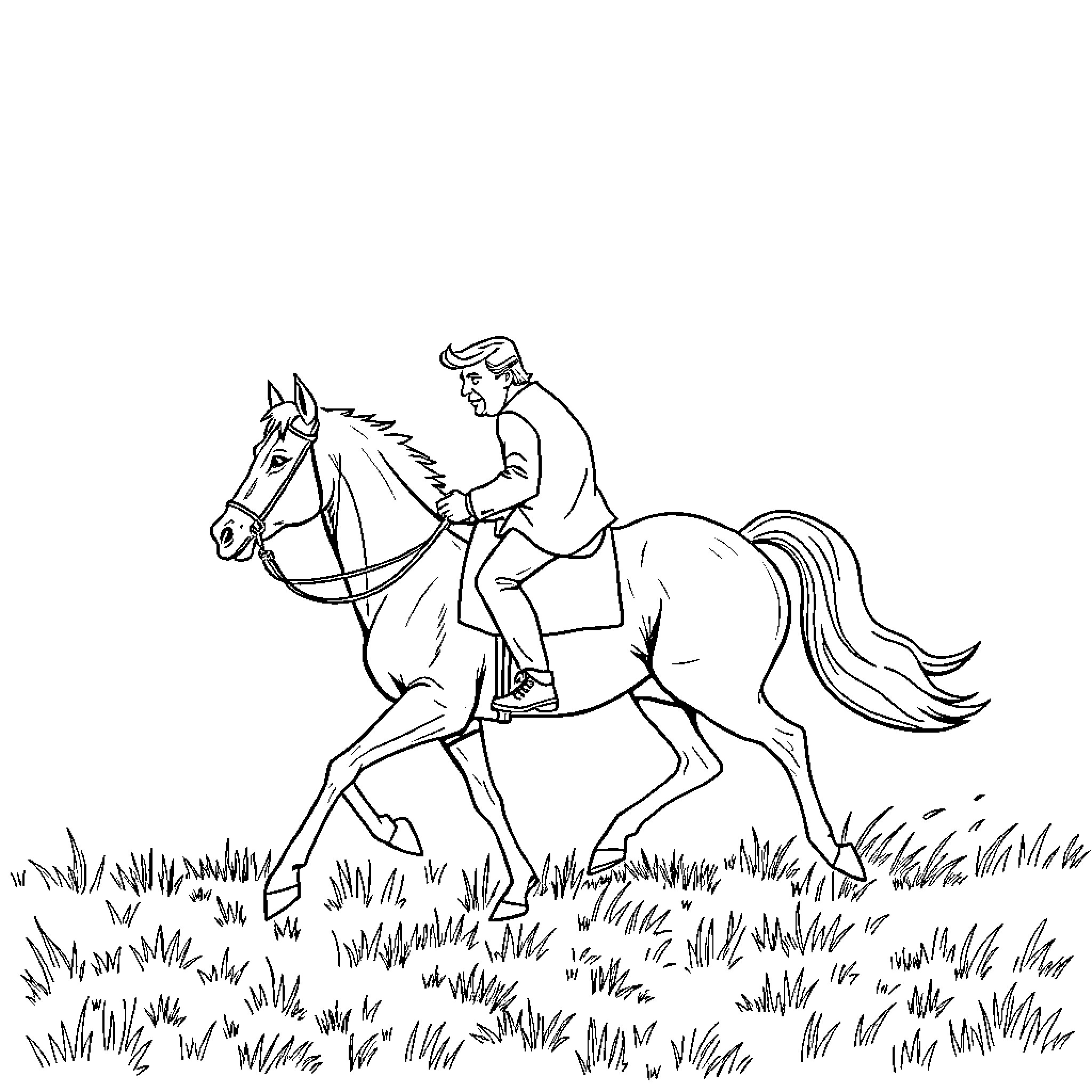 Trump riding a horse through a field Coloring Page (free black-and-white line drawing printable PDF for all, from beginners to advanced learners, including children, teens, adults, and seniors)