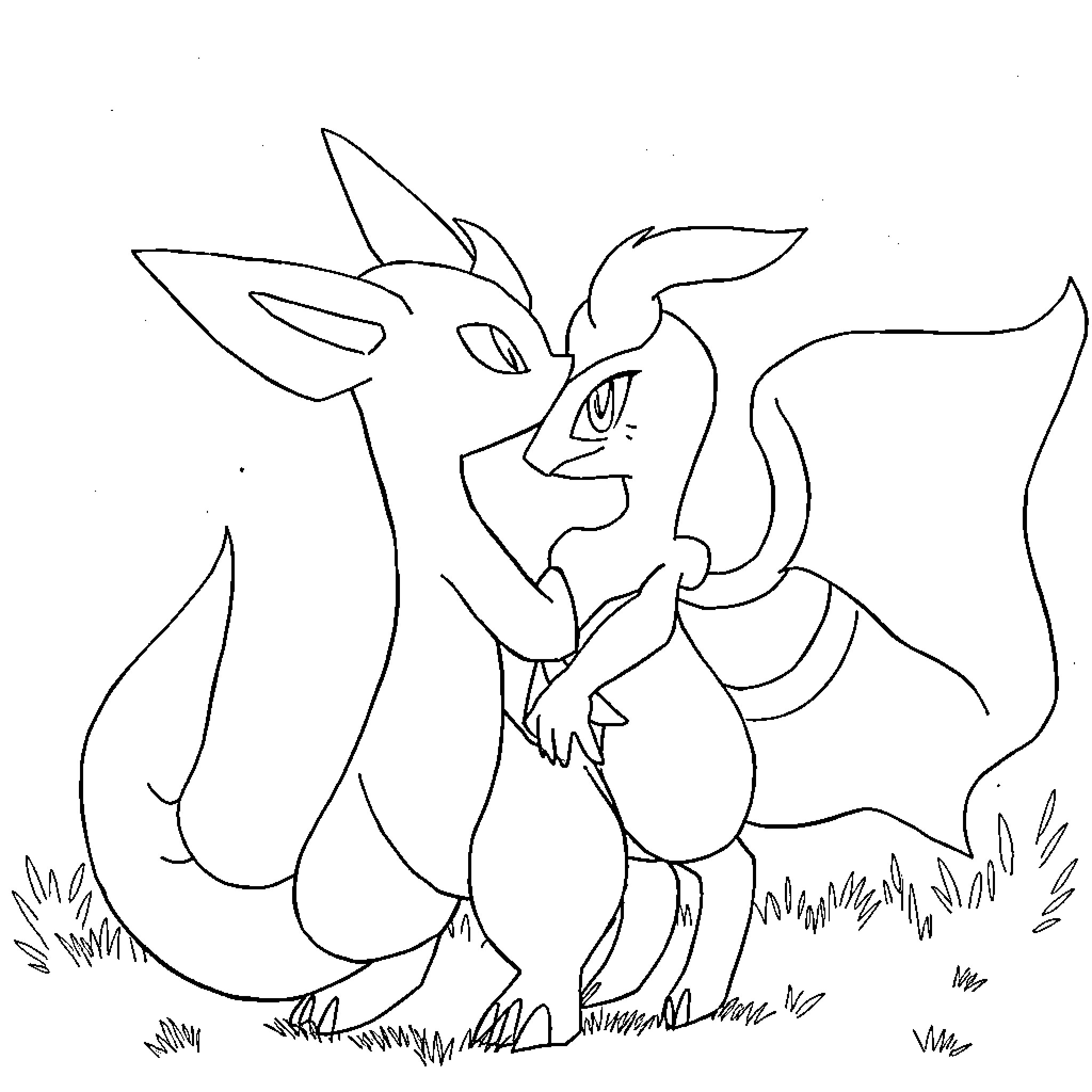 Lucario playing in the field Coloring Page (free black-and-white line drawing printable PDF for all, from beginners to advanced learners, including children, teens, adults, and seniors)