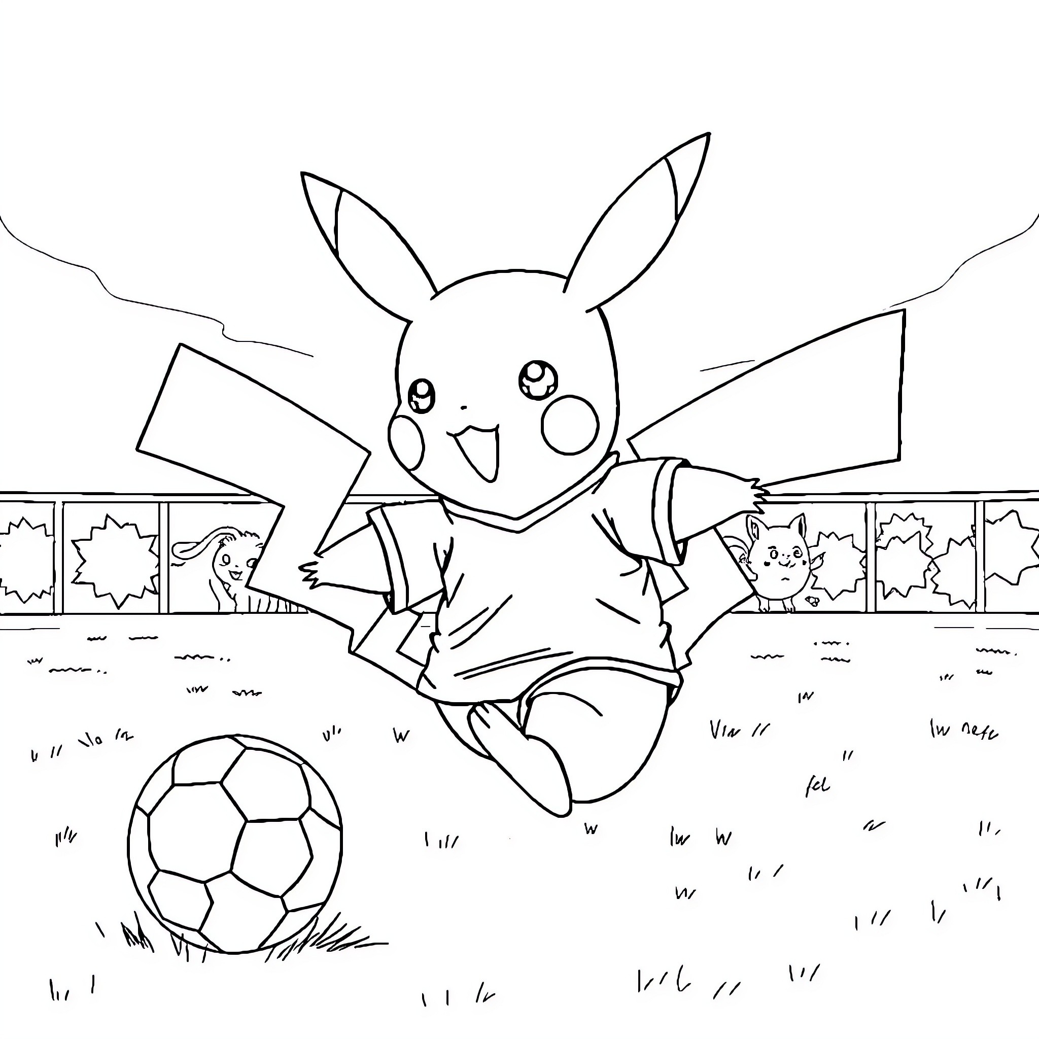 Pikachu playing with soccer ball on field Coloring Page (free black-and-white line drawing printable PDF for all, from beginners to advanced learners, including children, teens, adults, and seniors)