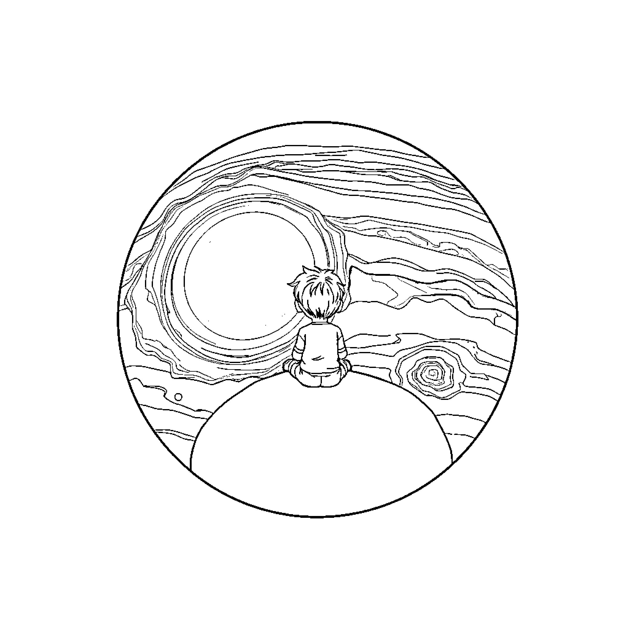 Boy gazing at the night sky with wonder Coloring Page (free black-and-white line drawing printable PDF for all, from beginners to advanced learners, including children, teens, adults, and seniors)