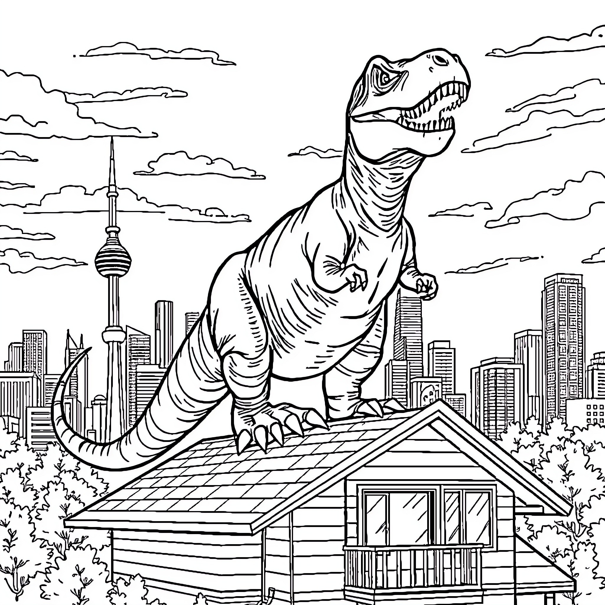 T-Rex Terrorizing a City Skyline Coloring Page (free black-and-white line drawing printable PDF for all, from beginners to advanced learners, including children, teens, adults, and seniors)
