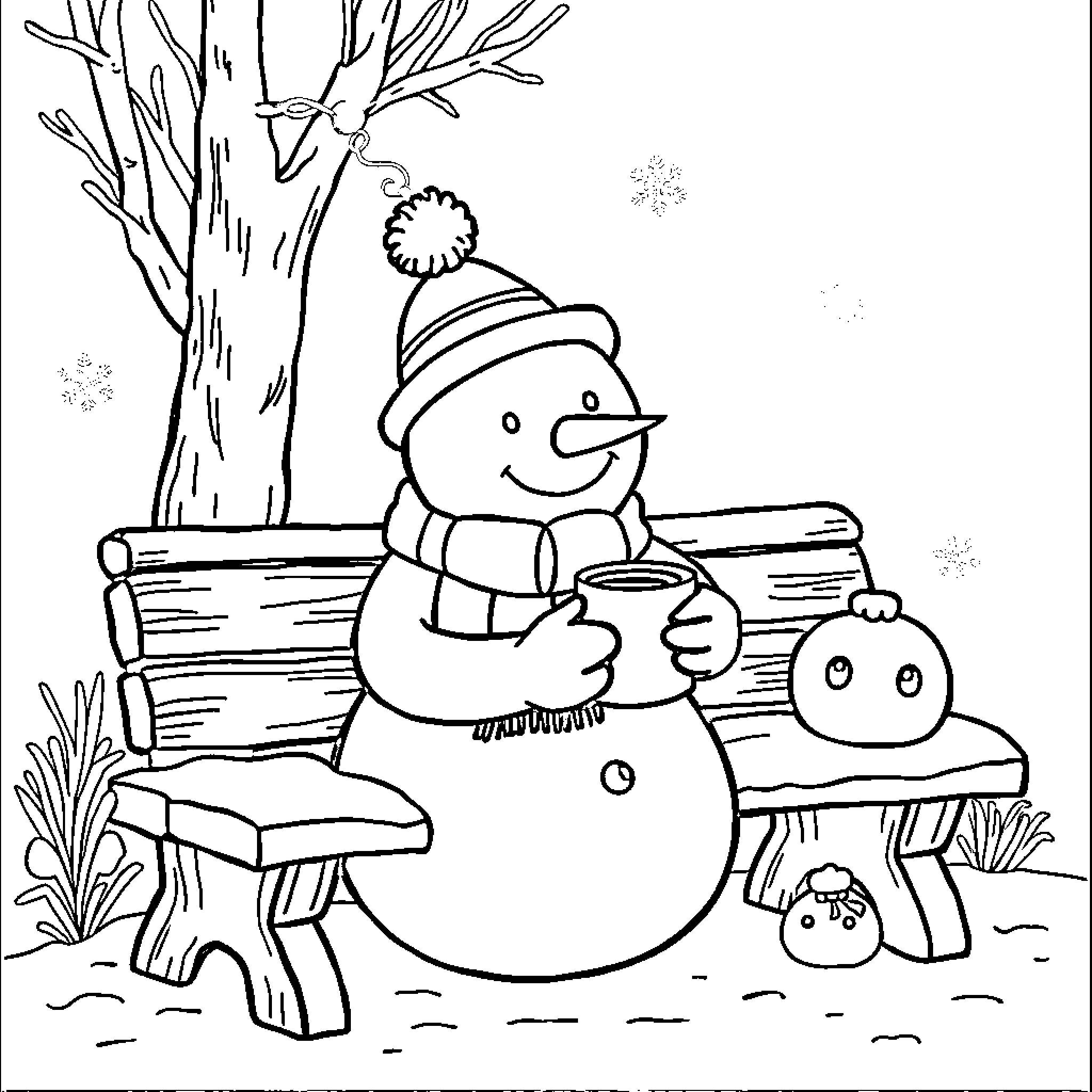Snowman relaxing on a bench in a winter wonderland Coloring Page (free black-and-white line drawing printable PDF for all, from beginners to advanced learners, including children, teens, adults, and seniors)