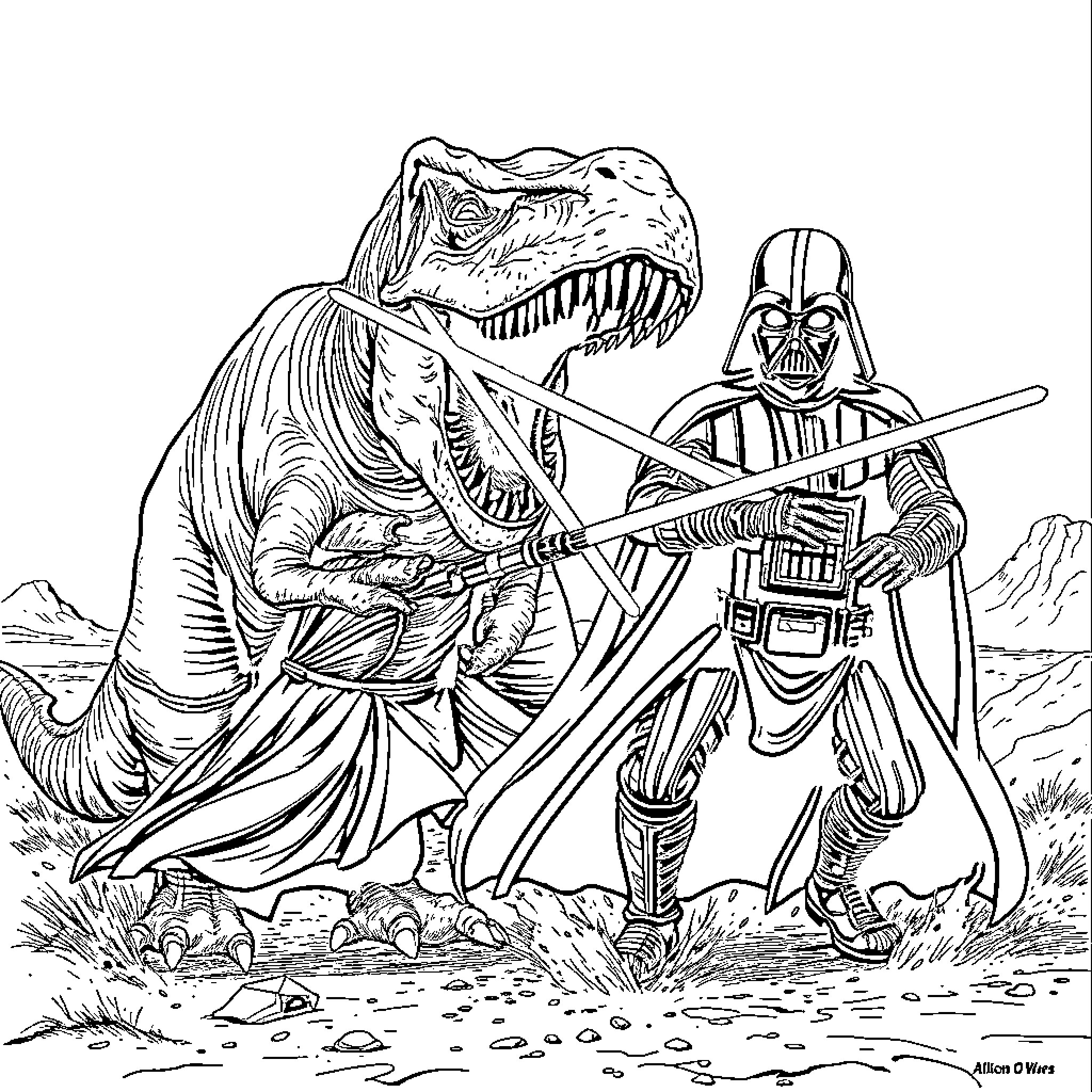Darth Vader battles a ferocious dinosaur Coloring Page (free black-and-white line drawing printable PDF for all, from beginners to advanced learners, including children, teens, adults, and seniors)