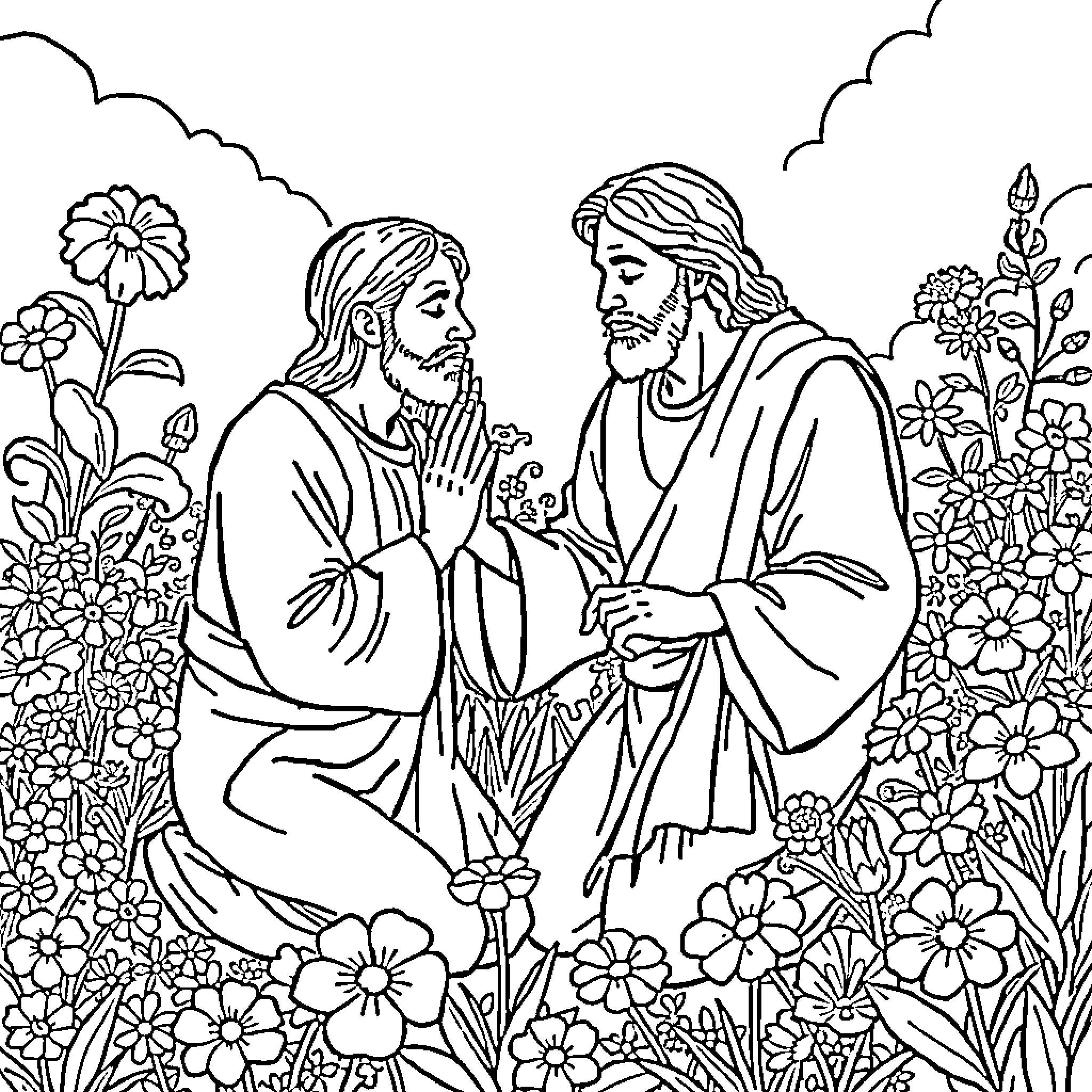 Peter and Jesus engaged in conversation in the garden Coloring Page (free black-and-white line drawing printable PDF for all, from beginners to advanced learners, including children, teens, adults, and seniors)