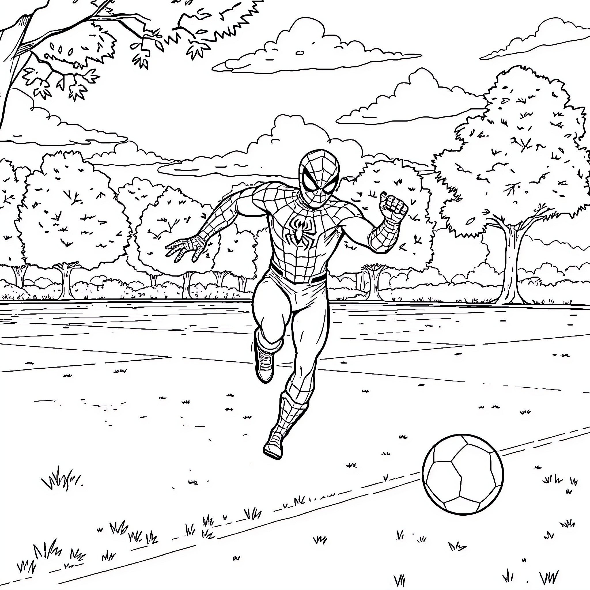 Spiderman playing soccer in the park Coloring Page (free black-and-white line drawing printable PDF for all, from beginners to advanced learners, including children, teens, adults, and seniors)