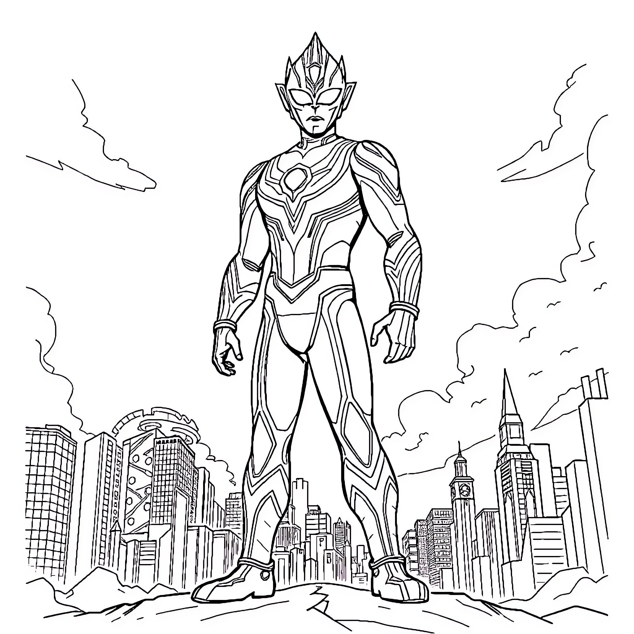 Ultraman heroically stands over a city skyline Coloring Page (free black-and-white line drawing printable PDF for all, from beginners to advanced learners, including children, teens, adults, and seniors)