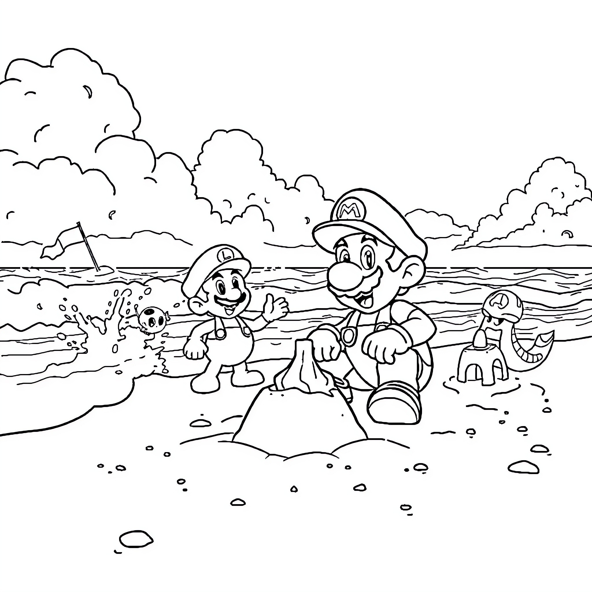 Mario and Friends Explore the Beach Coloring Page (free black-and-white line drawing printable PDF for all, from beginners to advanced learners, including children, teens, adults, and seniors)