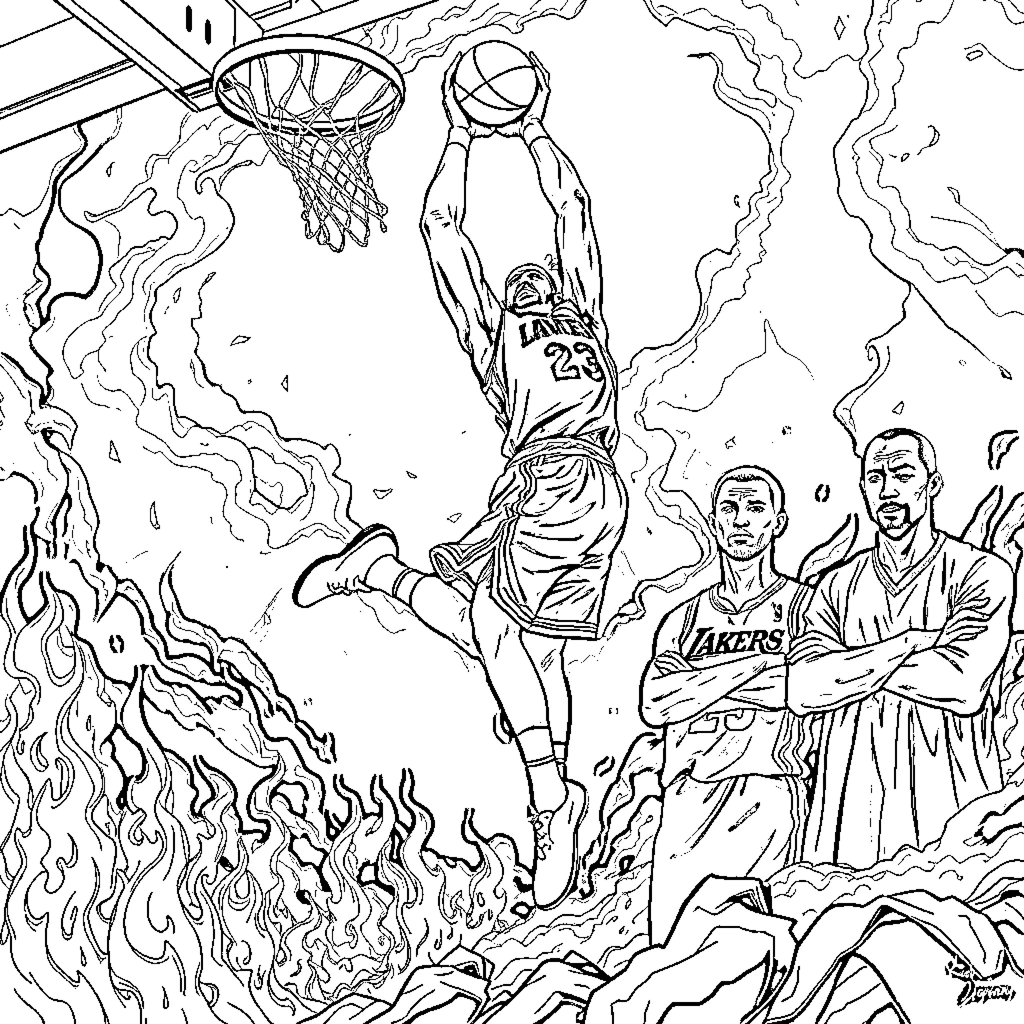 LeBron James Soars Above the Flames of Competition Coloring Page (free black-and-white line drawing printable PDF for all, from beginners to advanced learners, including children, teens, adults, and seniors)