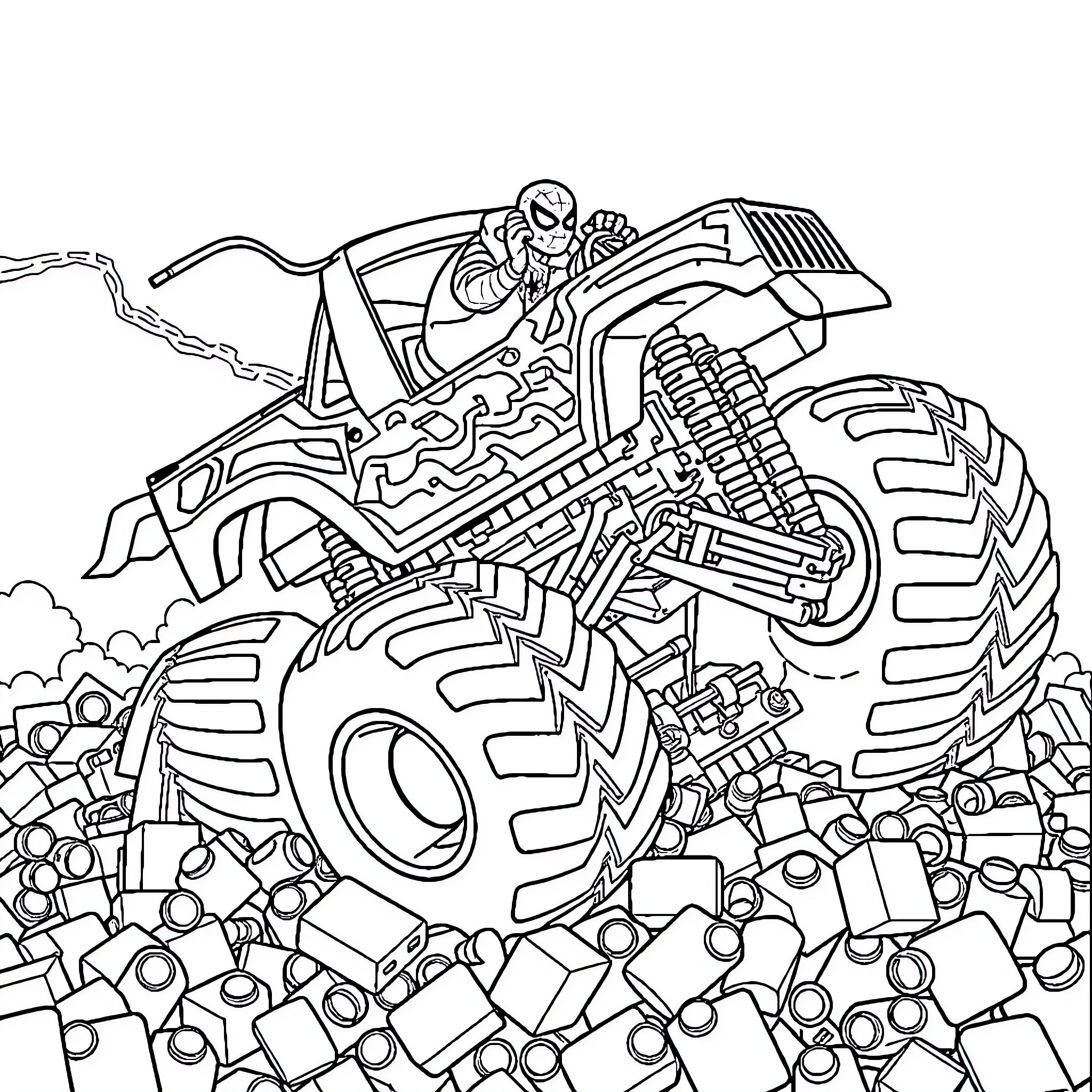 Spiderman riding a monstrous off-road vehicle Coloring Page (free black-and-white line drawing printable PDF for all, from beginners to advanced learners, including children, teens, adults, and seniors)