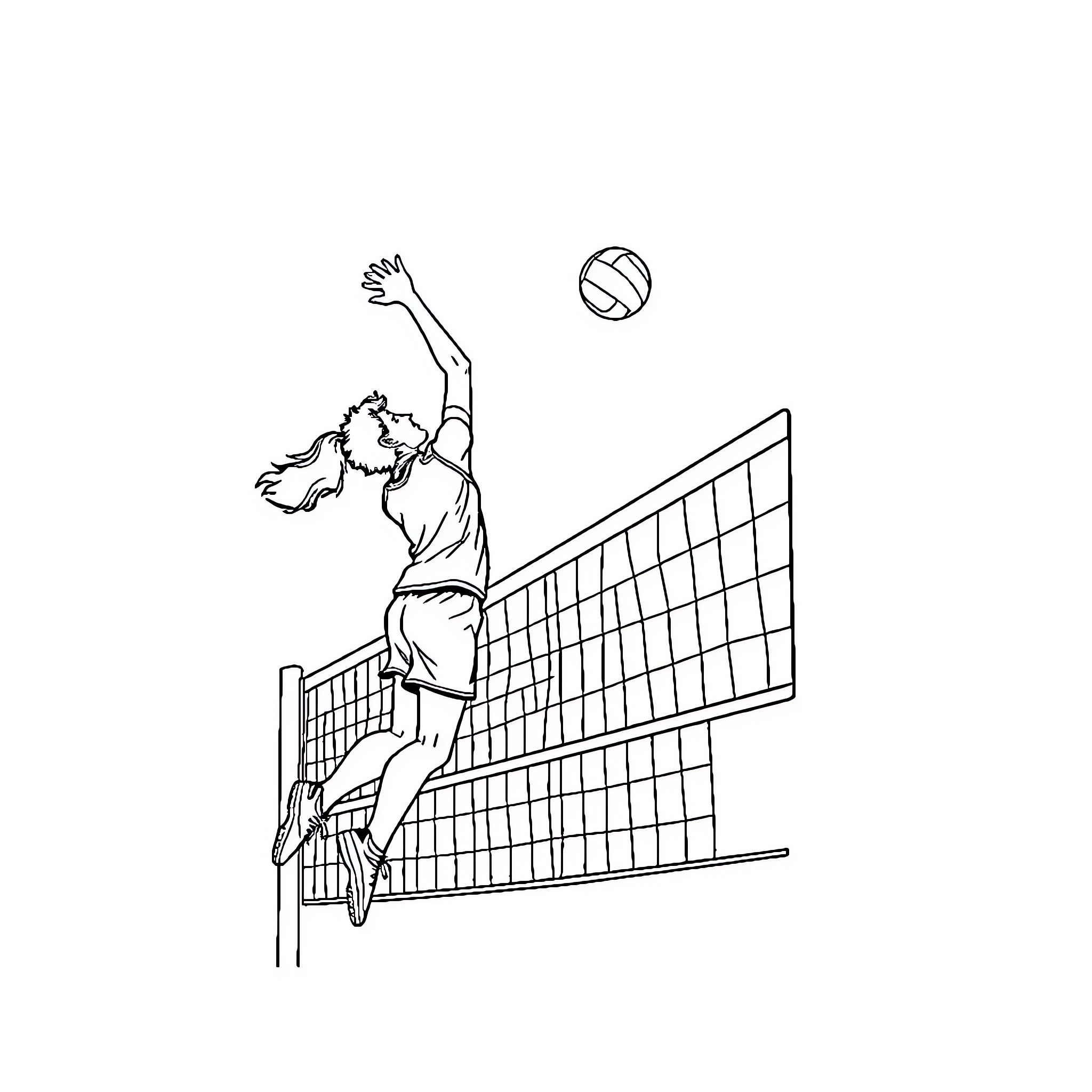 Player spiking the volleyball during game Coloring Page (free black-and-white line drawing printable PDF for all, from beginners to advanced learners, including children, teens, adults, and seniors)