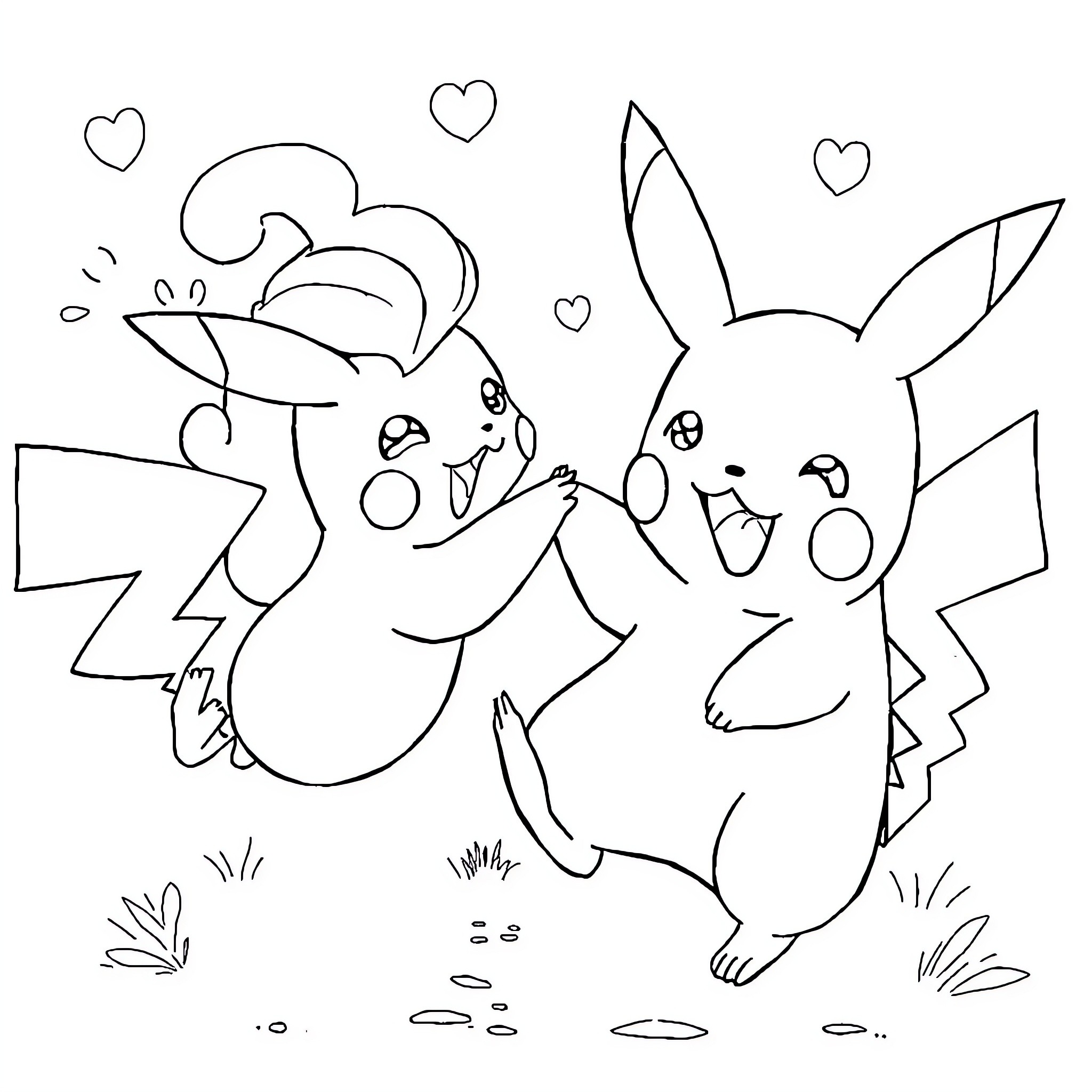 Pikachu and Pikachu playing together happily Coloring Page (free black-and-white line drawing printable PDF for all, from beginners to advanced learners, including children, teens, adults, and seniors)
