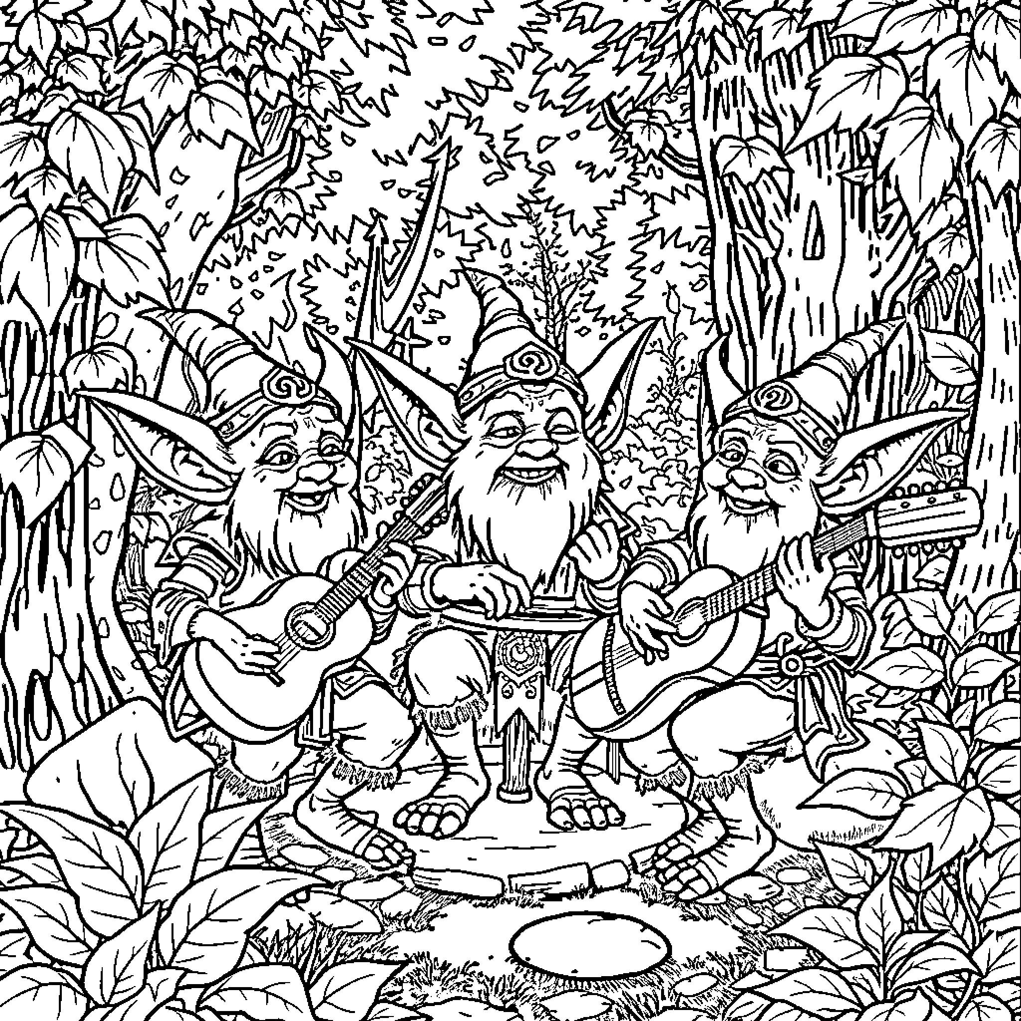 Goblin Musicians Entertaining in the Enchanted Forest Coloring Page (free black-and-white line drawing printable PDF for all, from beginners to advanced learners, including children, teens, adults, and seniors)
