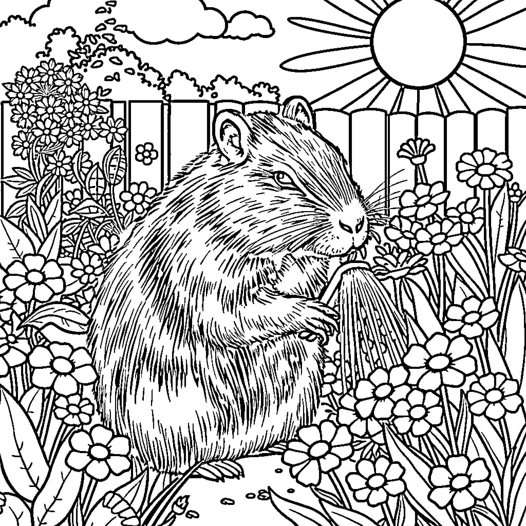 Capybara enjoying the garden in the sunshine Coloring Page (free black-and-white line drawing printable PDF for all, from beginners to advanced learners, including children, teens, adults, and seniors)