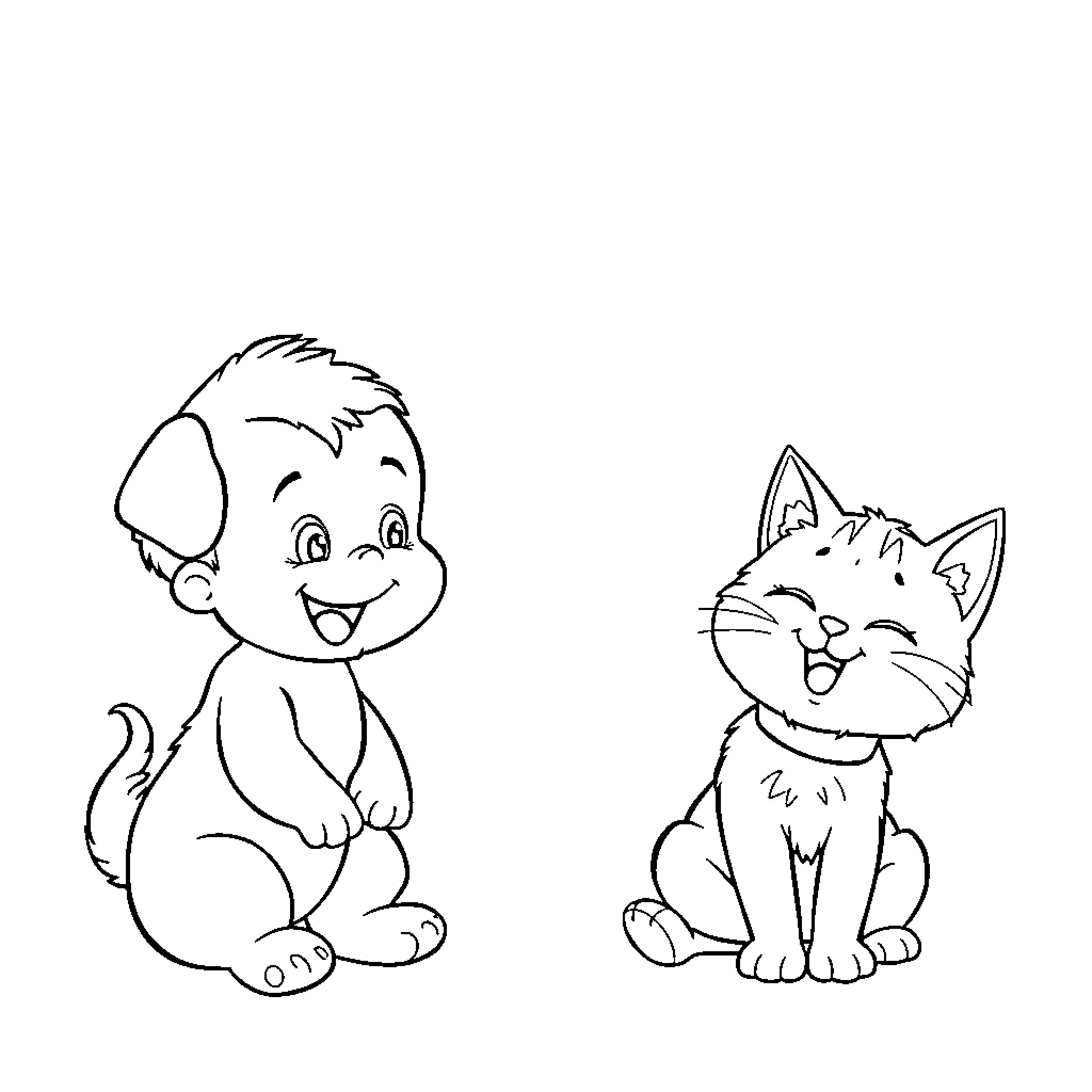 Baby animals playing and smiling together Coloring Page (free black-and-white line drawing printable PDF for all, from beginners to advanced learners, including children, teens, adults, and seniors)