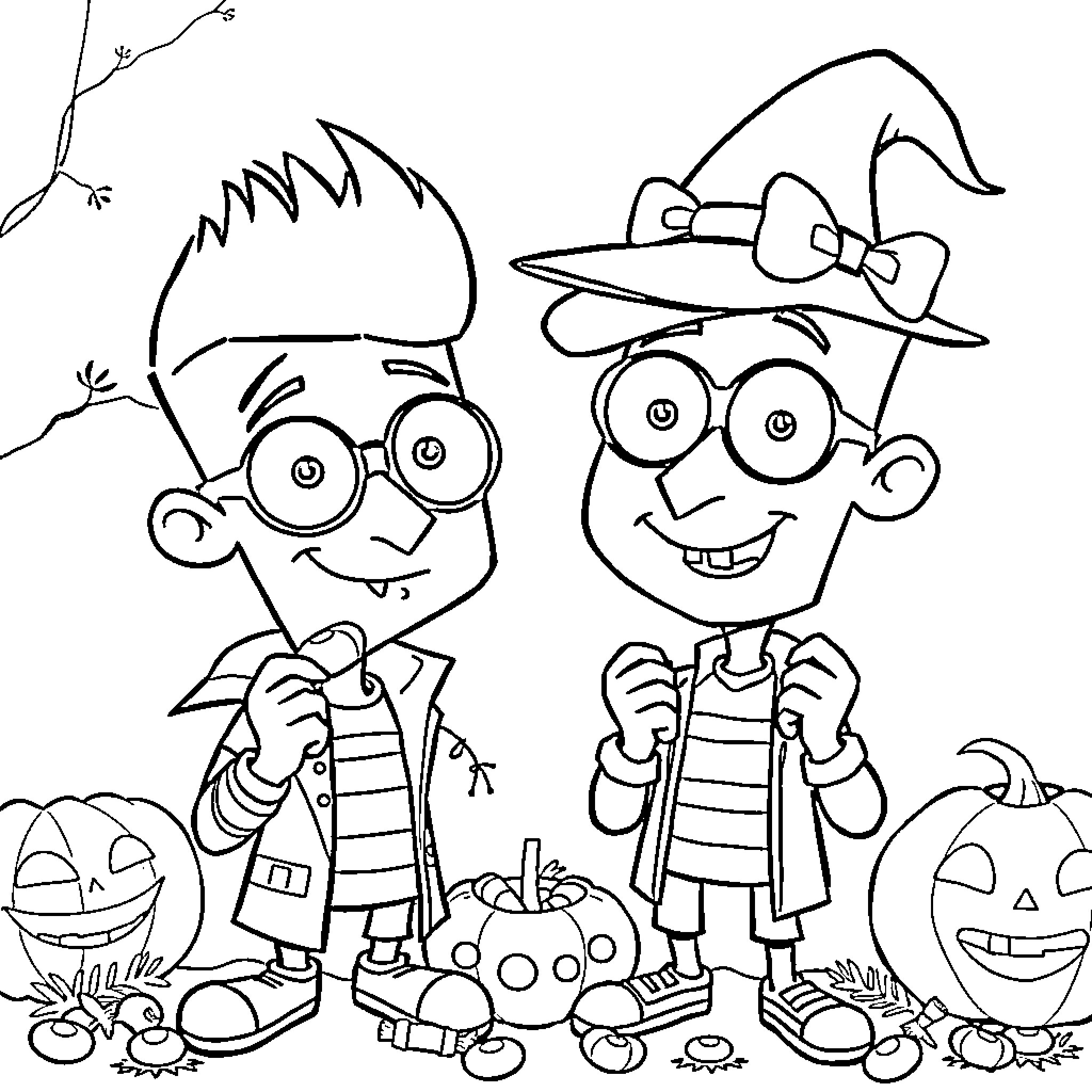 Phineas and Ferb's Spooky Halloween Adventure Coloring Page (free black-and-white line drawing printable PDF for all, from beginners to advanced learners, including children, teens, adults, and seniors)