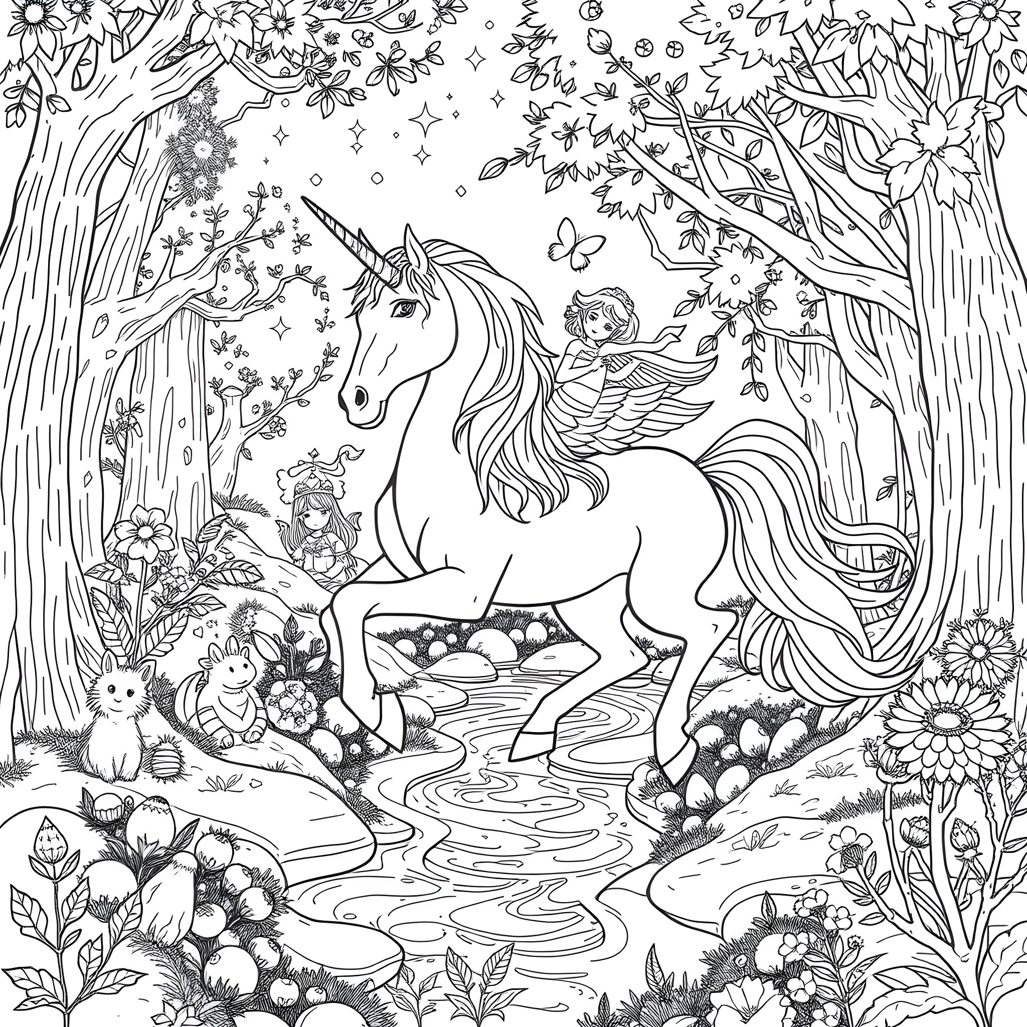 Unicorn in a Whimsical Forest with Fairies Coloring Page (free black-and-white line drawing printable PDF for all, from beginners to advanced learners, including children, teens, adults, and seniors)