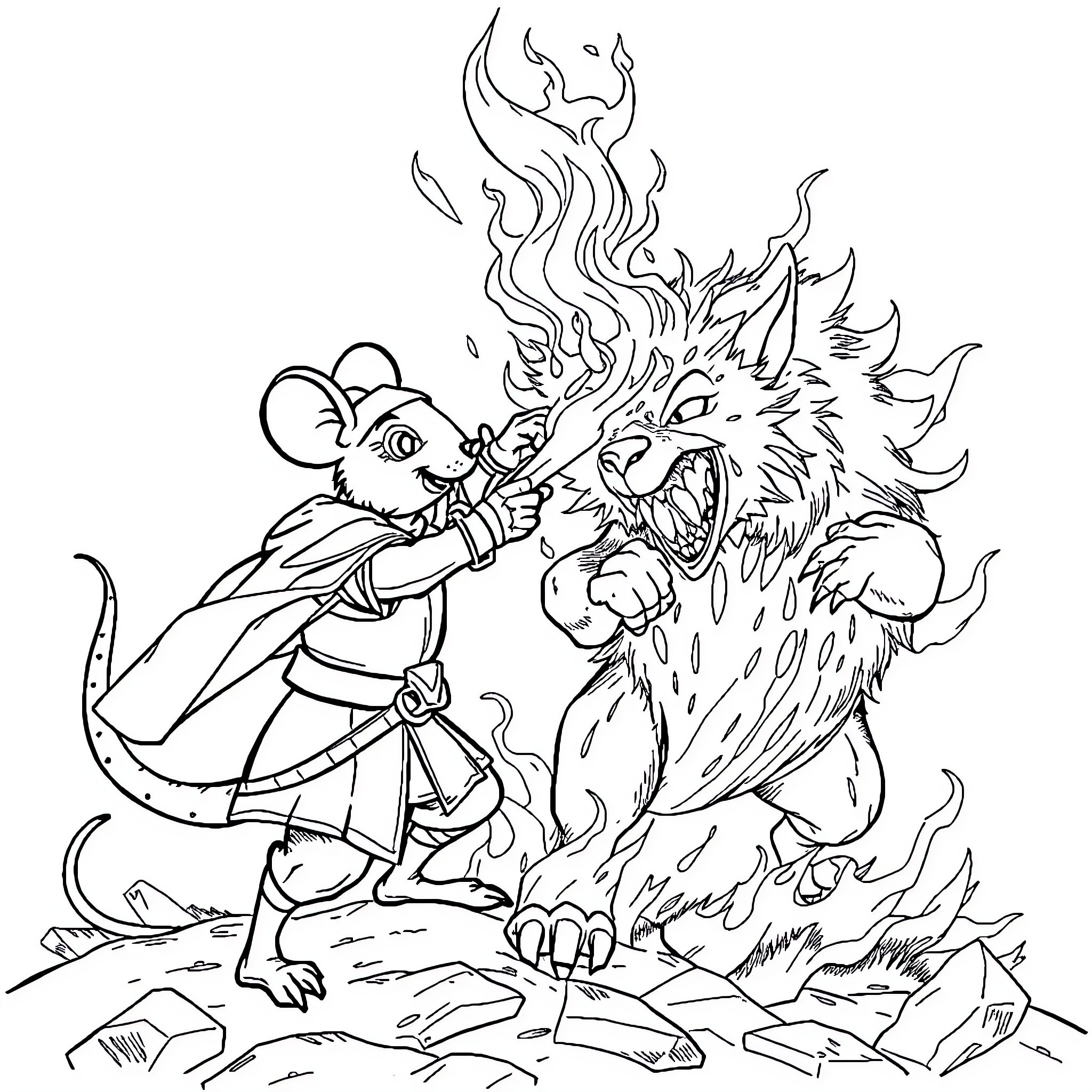 Mouse warrior fighting fiery beast Coloring Page (free black-and-white line drawing printable PDF for all, from beginners to advanced learners, including children, teens, adults, and seniors)
