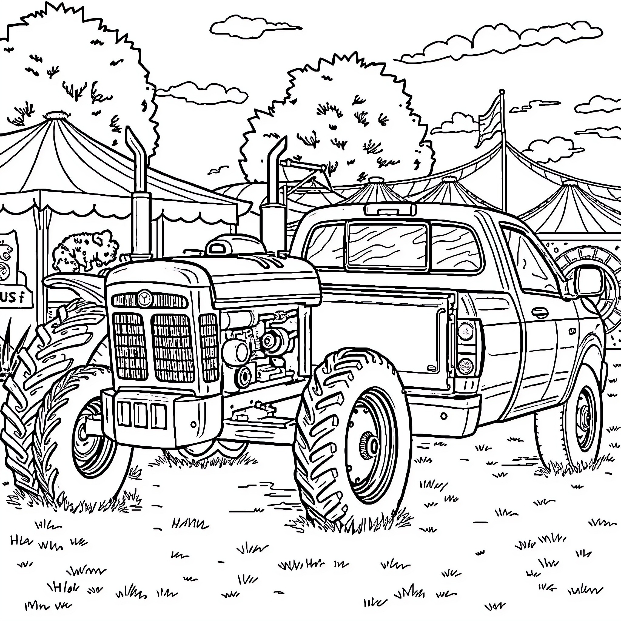 Tractor at a Carnival or Fair Coloring Page (free black-and-white line drawing printable PDF for all, from beginners to advanced learners, including children, teens, adults, and seniors)