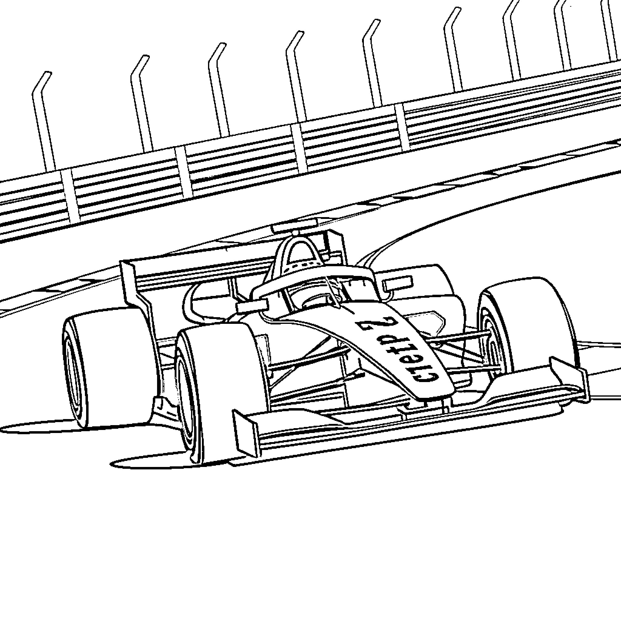 Formula One Racing Car on Track Coloring Page (free black-and-white line drawing printable PDF for all, from beginners to advanced learners, including children, teens, adults, and seniors)