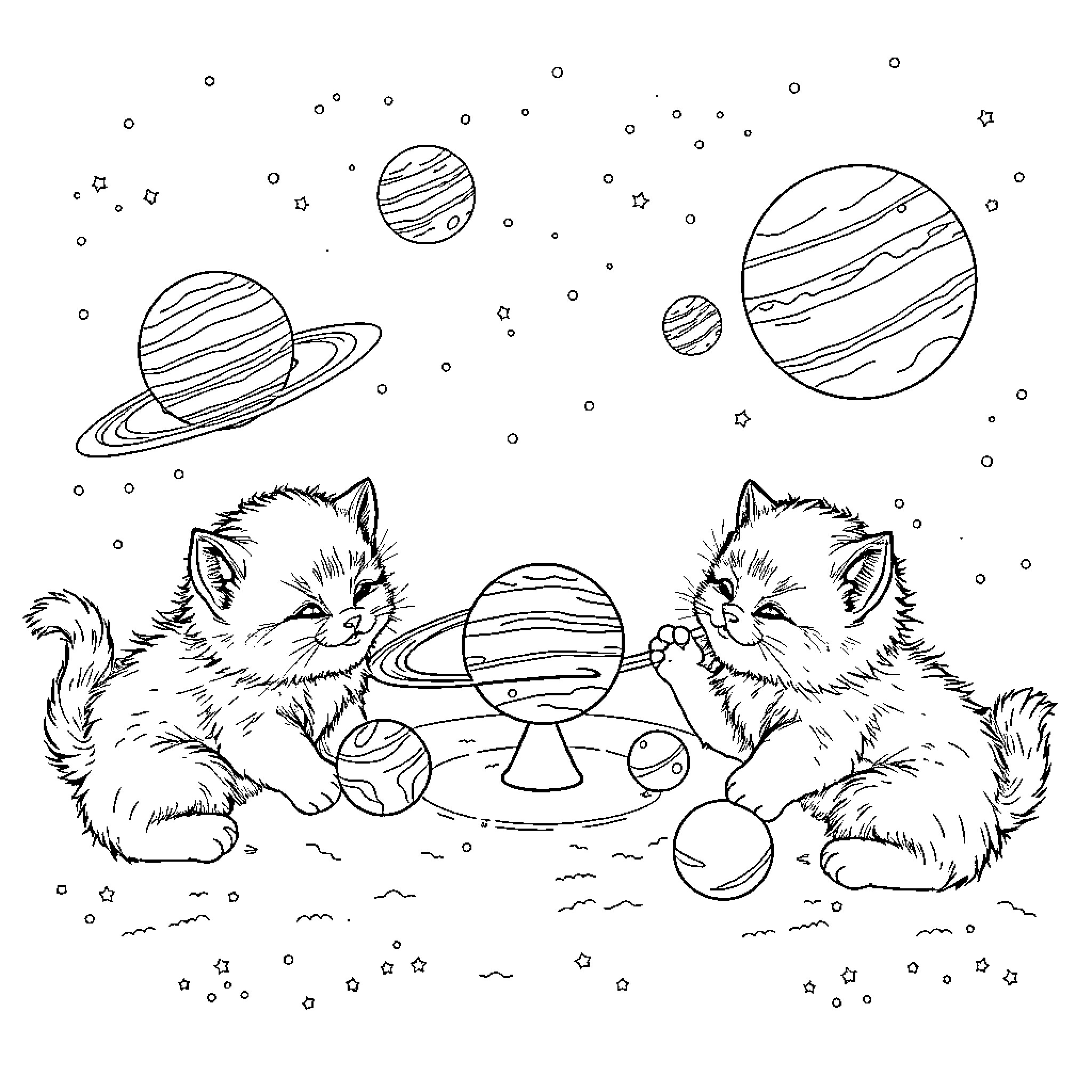 Kittens exploring the cosmos Coloring Page (free black-and-white line drawing printable PDF for all, from beginners to advanced learners, including children, teens, adults, and seniors)