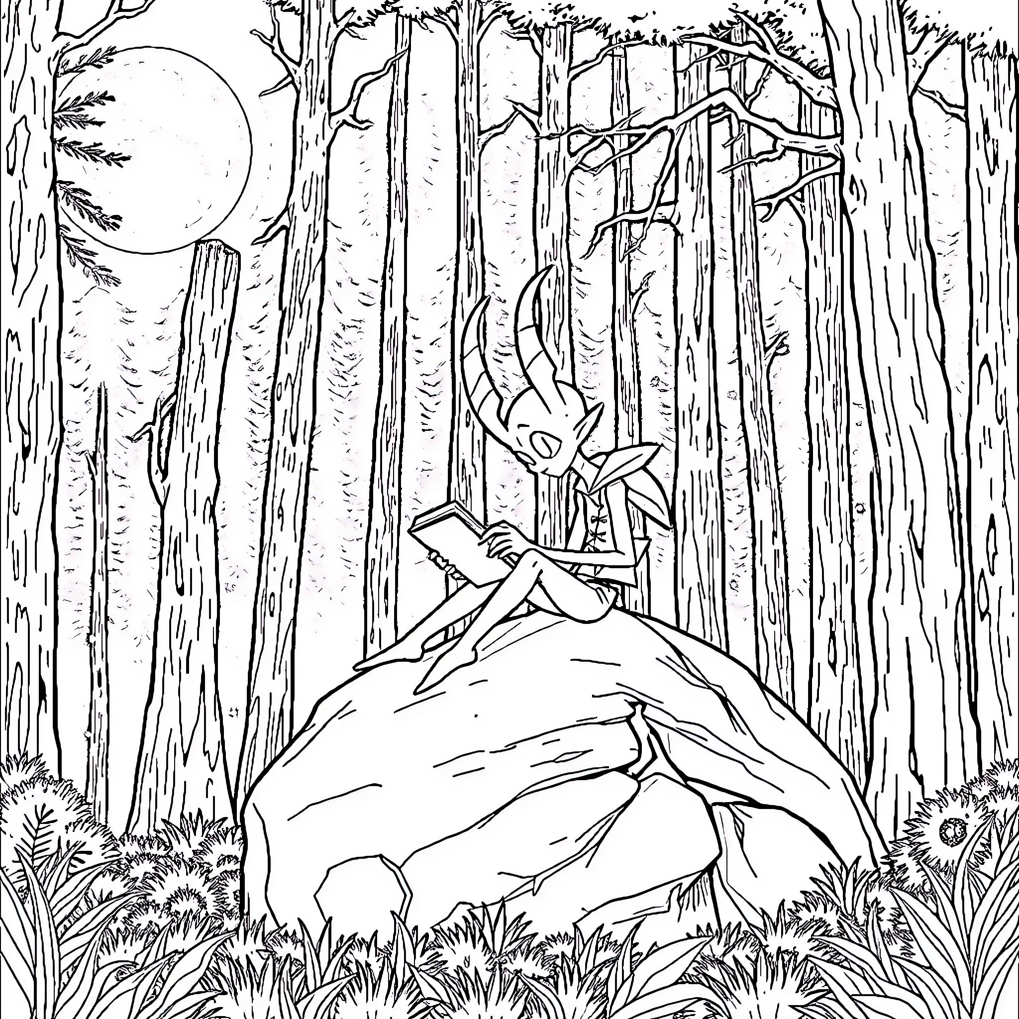 Alastor's Mystical Forest Encounter Coloring Page (free black-and-white line drawing printable PDF for all, from beginners to advanced learners, including children, teens, adults, and seniors)