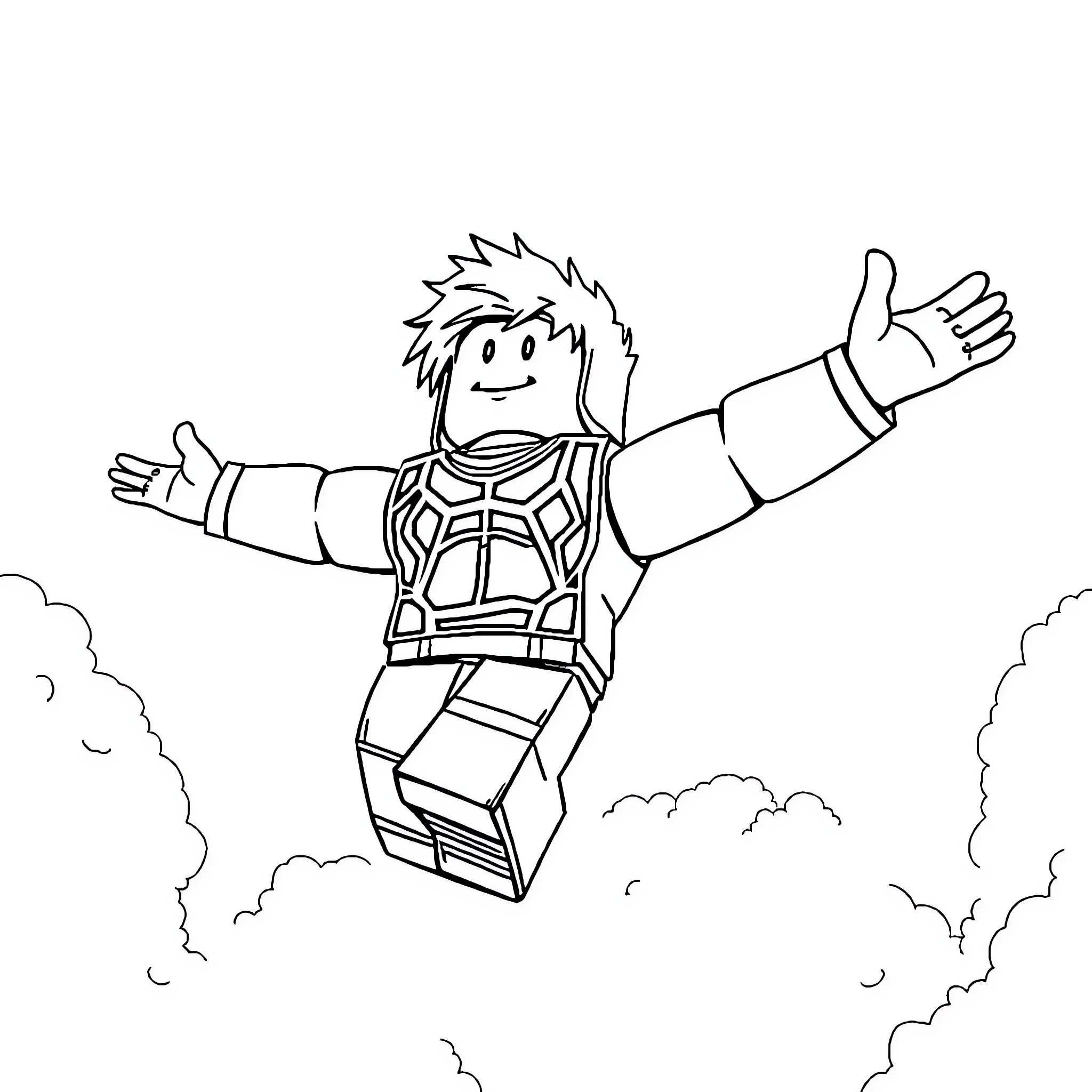 Roblox Character soaring through the clouds Coloring Page (free black-and-white line drawing printable PDF for all, from beginners to advanced learners, including children, teens, adults, and seniors)